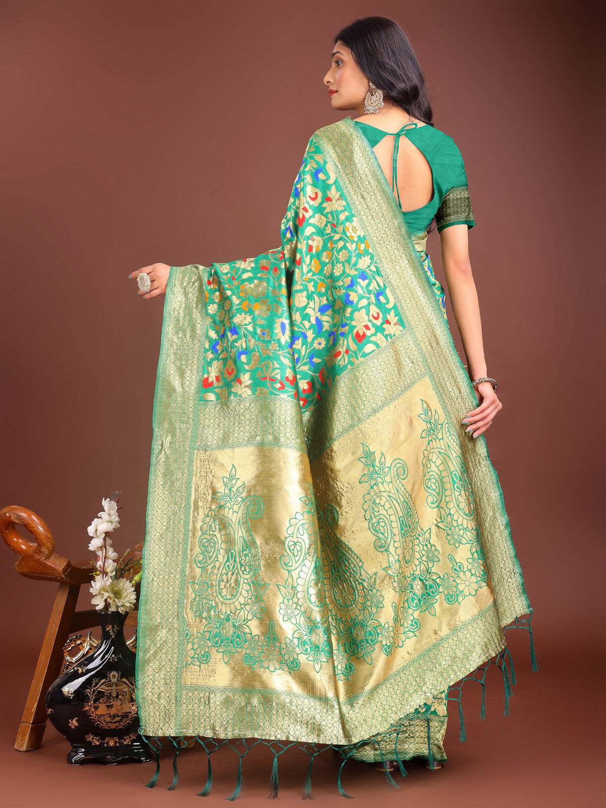 Green Lichi Silk Woven Designer Girlie Partywear Saree