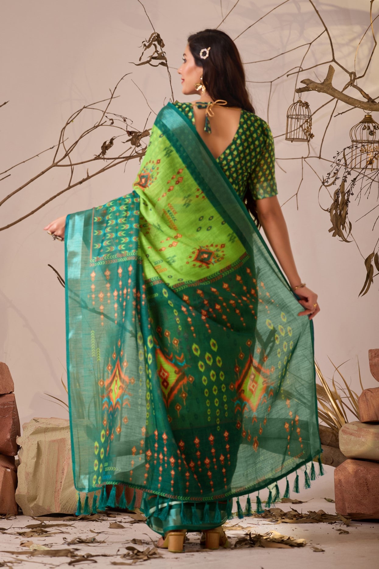 Green Linen Cotton Saree with Digital Print