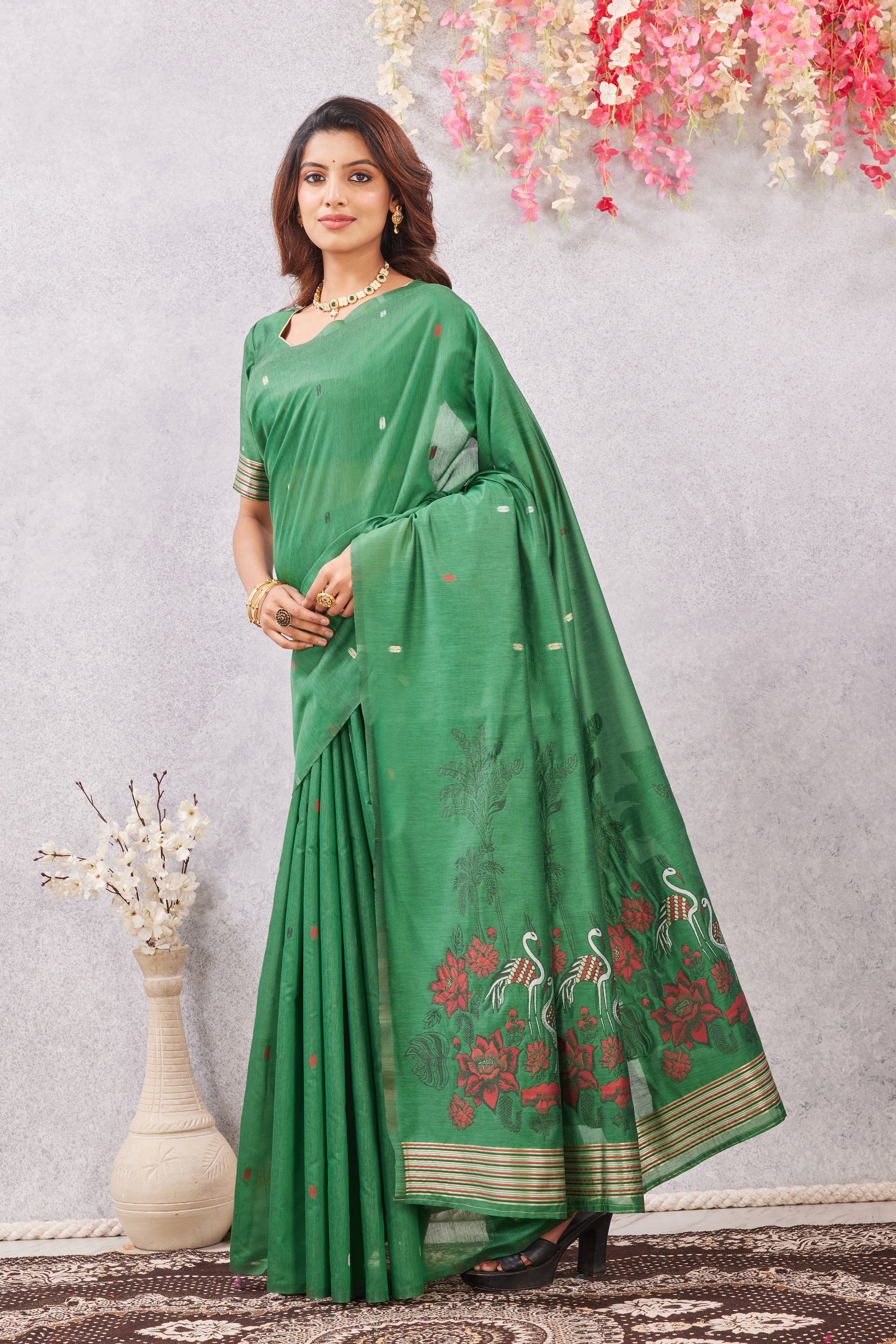 Green Linen Cotton Saree with Ethnic Motif Design & Rich Jacquard Pallu