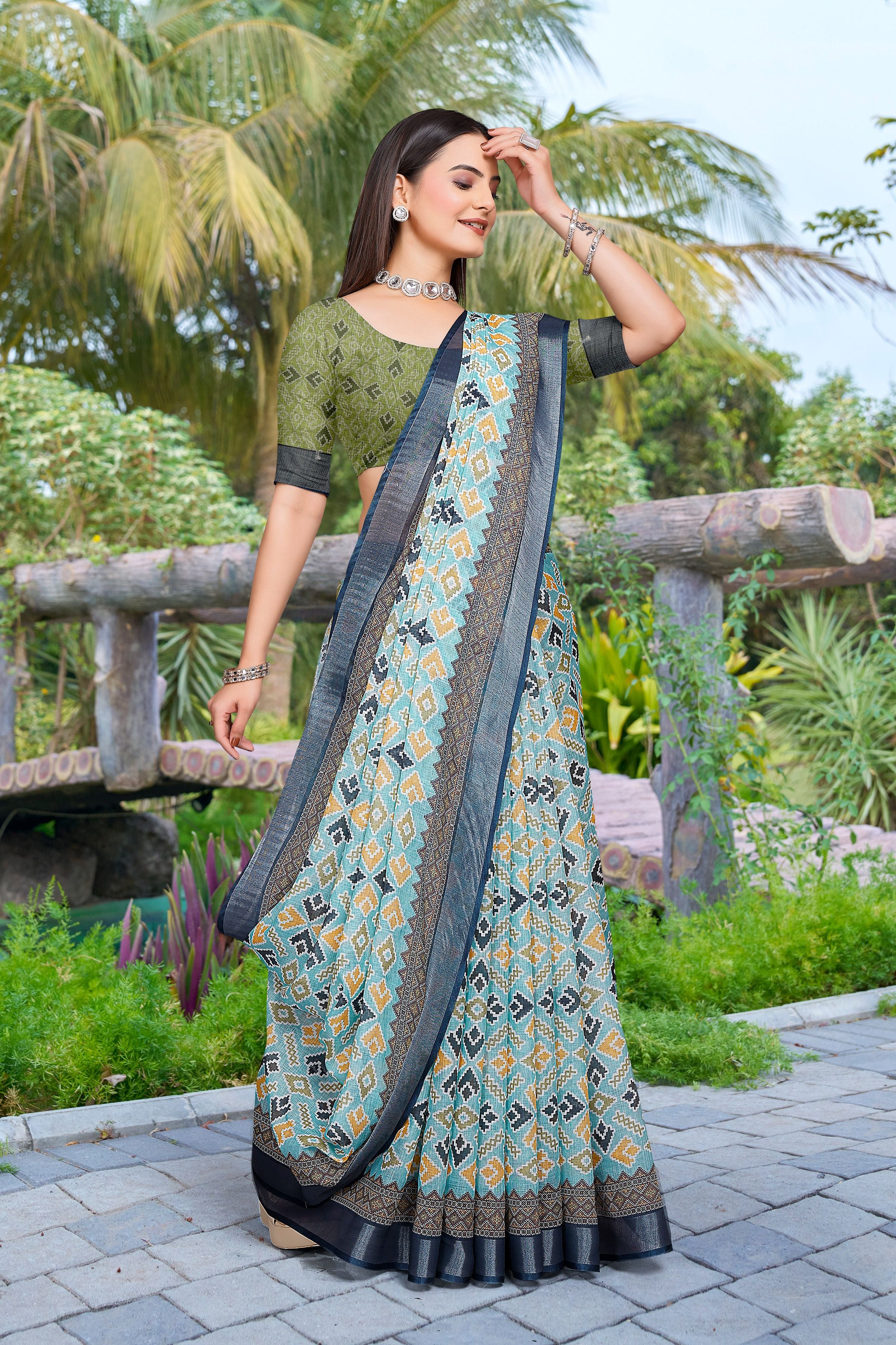 Green Linen Cotton Woven Border Designer Printed Saree