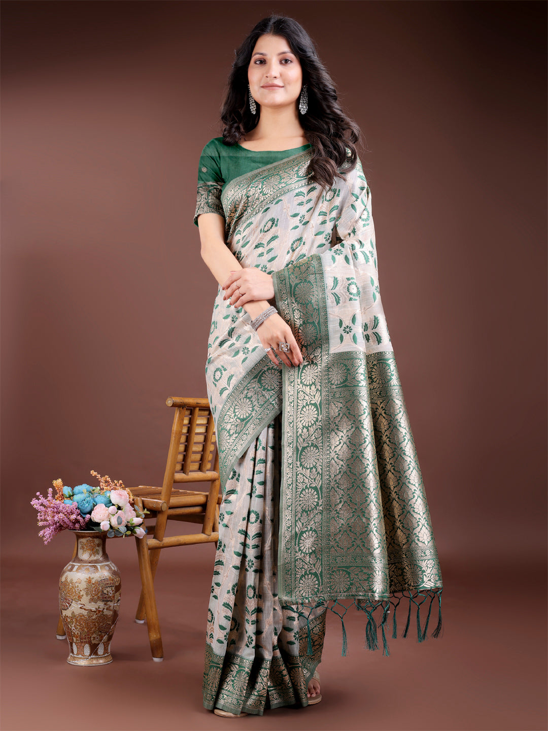 Green Linen Cotton Woven Jacquard Designer Beautiful Festive Saree
