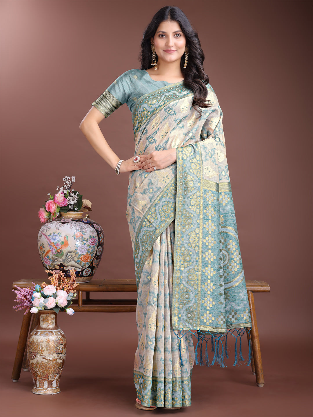 Green Linen Cotton Woven Jacquard Designer Beautiful Traditional Saree