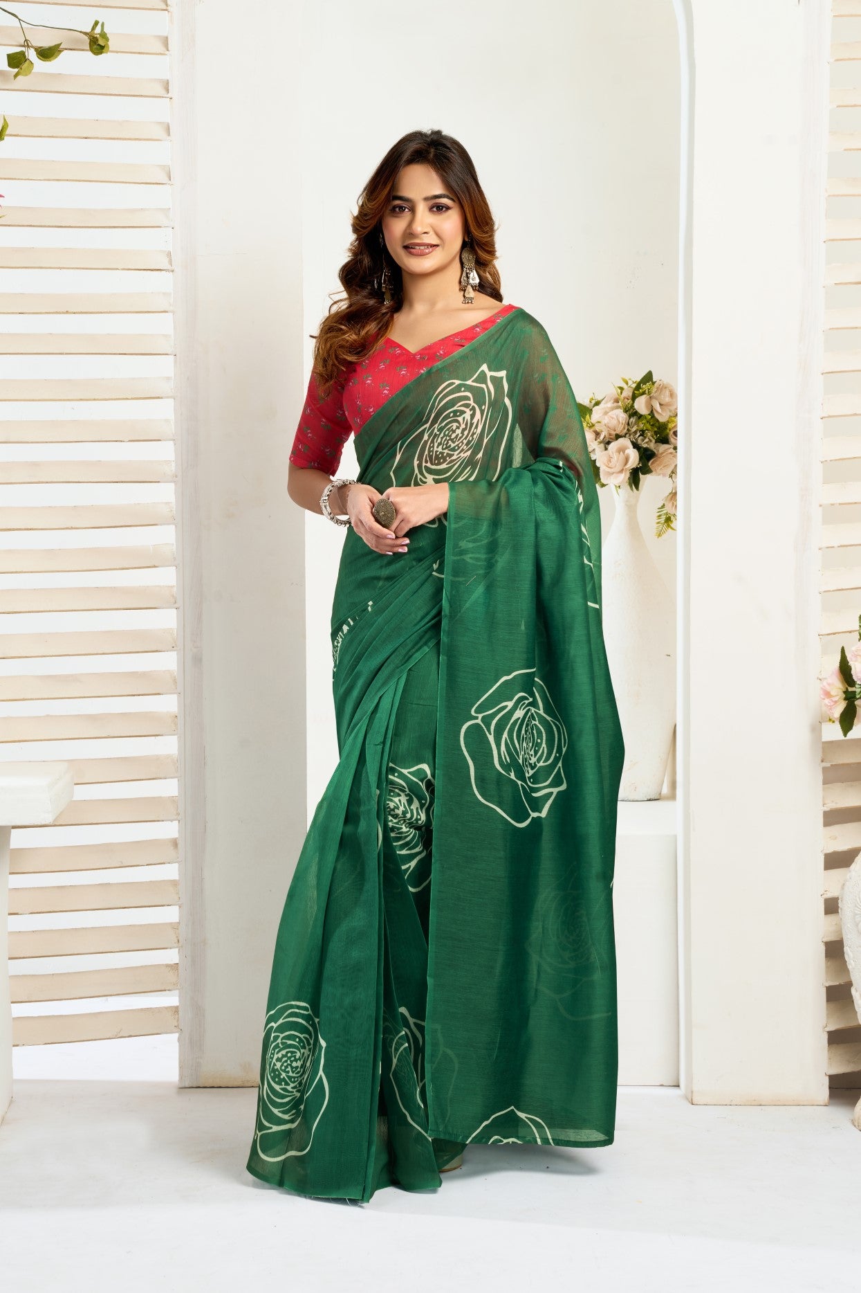Green Linen Ready To Wear Saree With Zari Border Printed