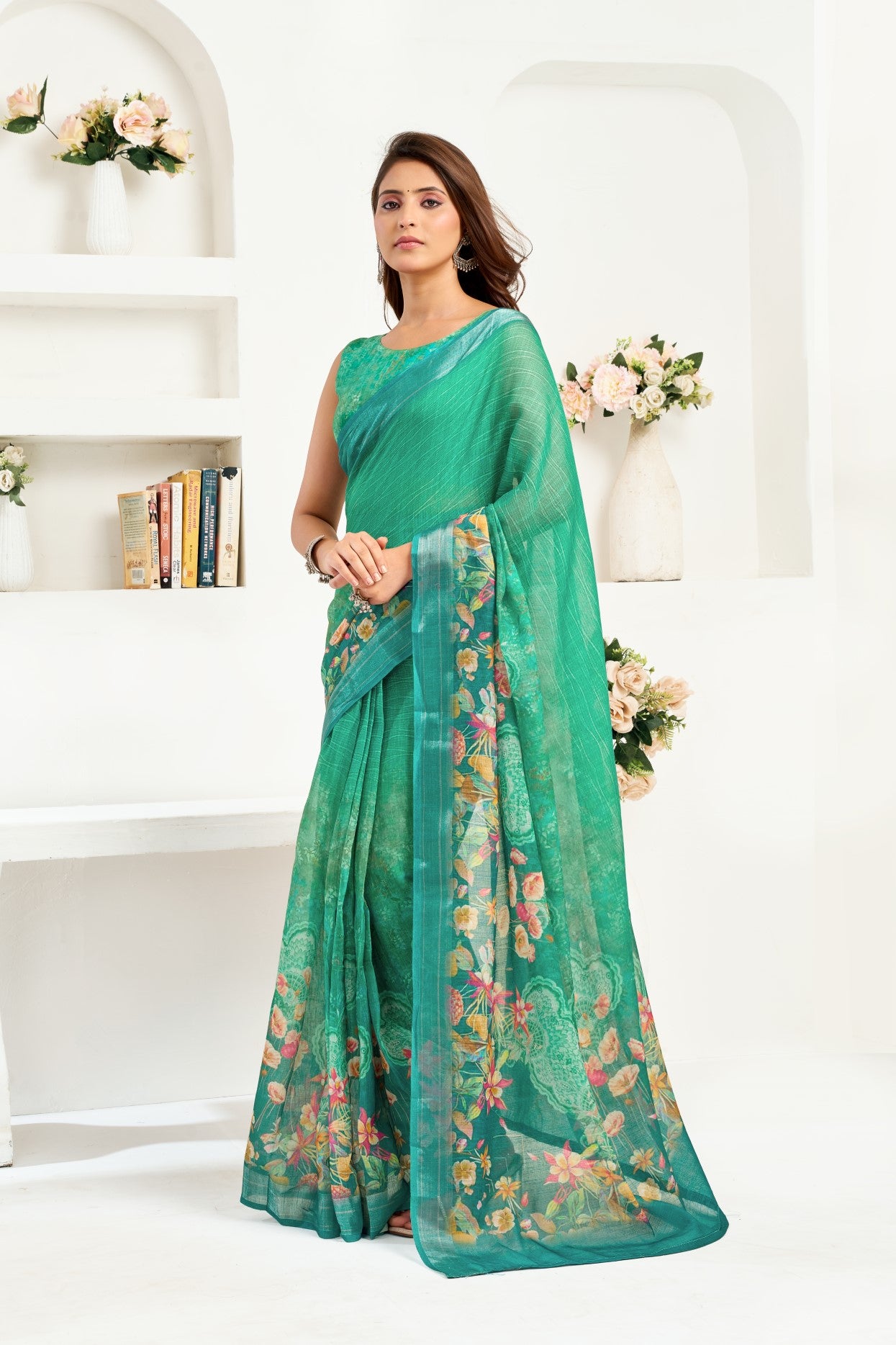 Green Linen Ready To Wear Saree With Zari Border Printed