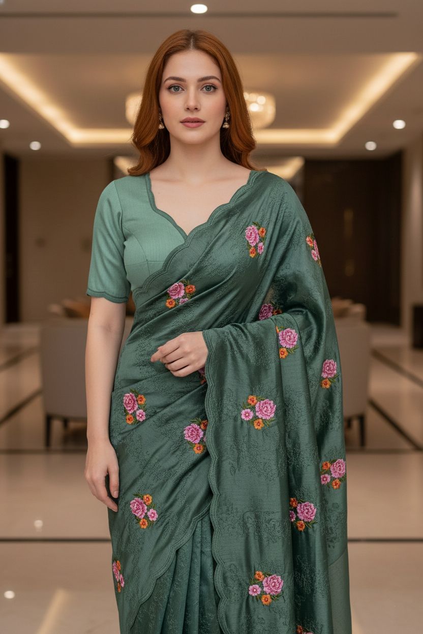 Green Manipuri Silk Saree with Elegant Embroidery Cut Work
