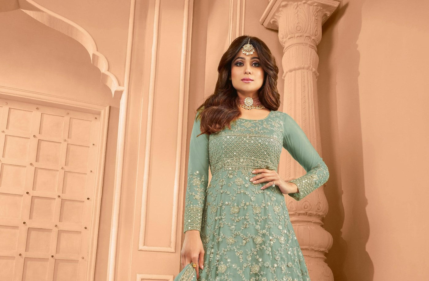 Green Net Designer Suit Set With Intricate Embroidery