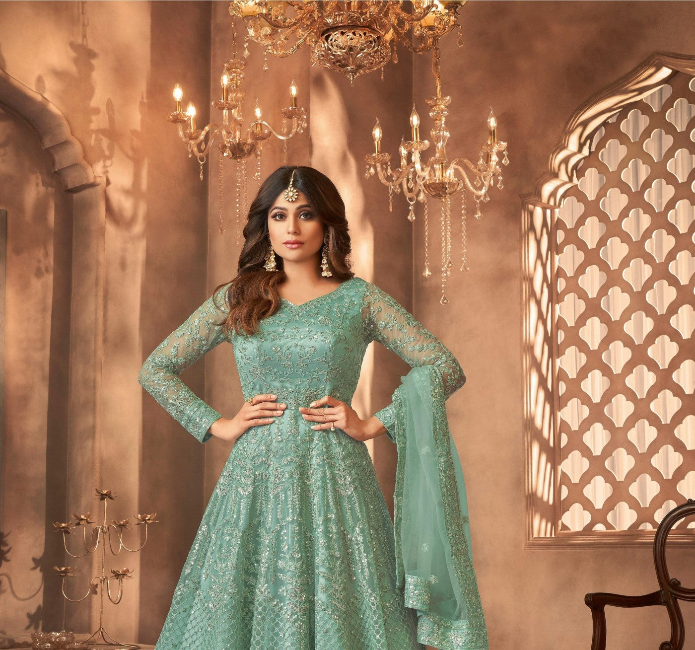 Green Net Designer Suit Set With Intricate Embroidery