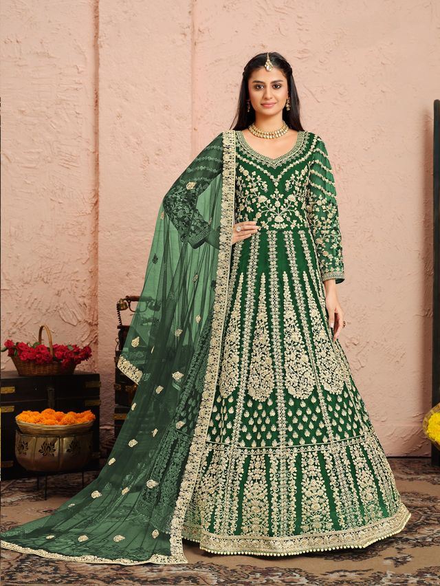 Green Net Heavy Thread Embroidery And Zari Work Anarkali Suits
