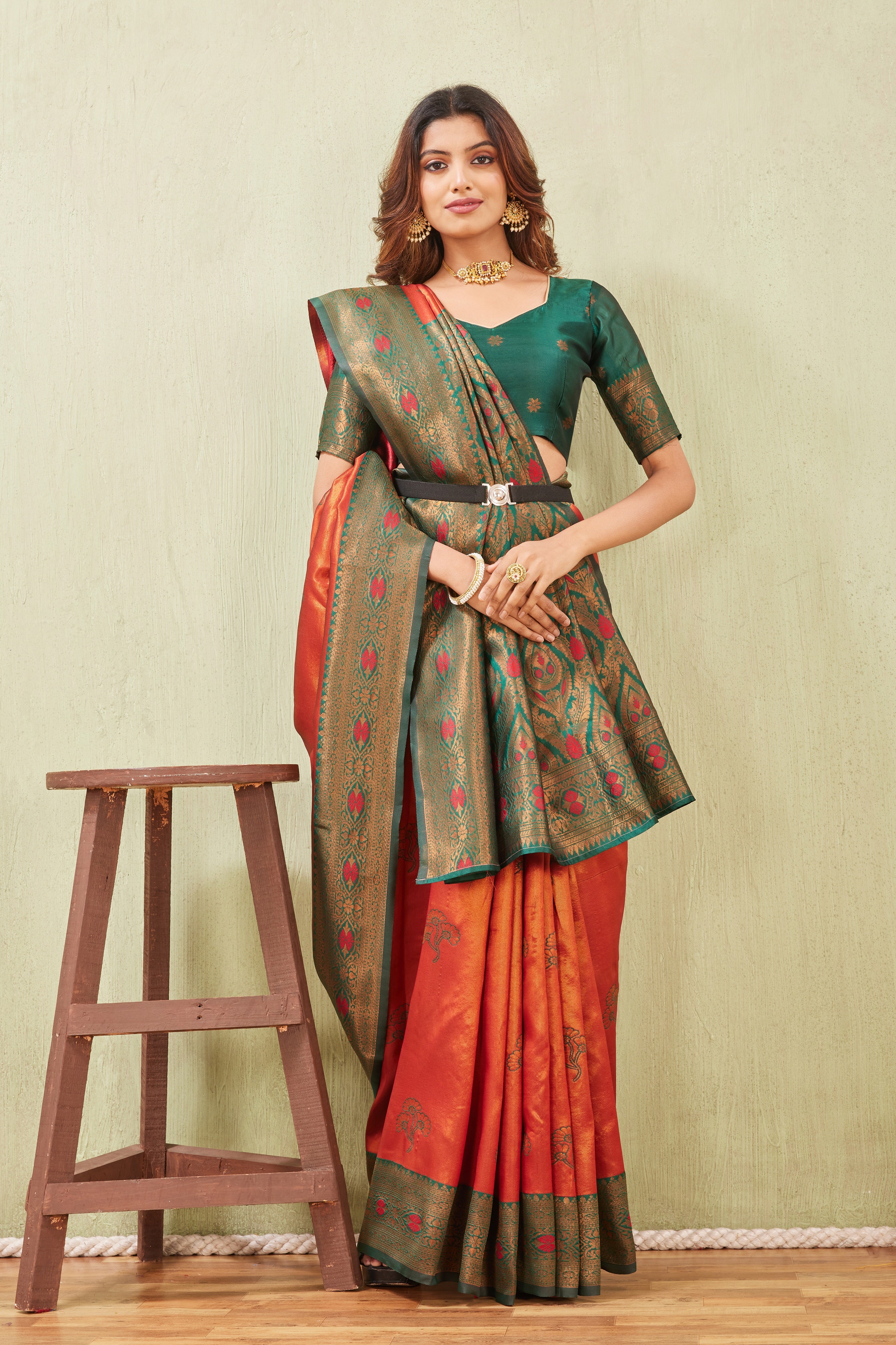 Green Orange Banarasi Silk Saree with Rich Pallu & Elegant Jacquard Jari Work