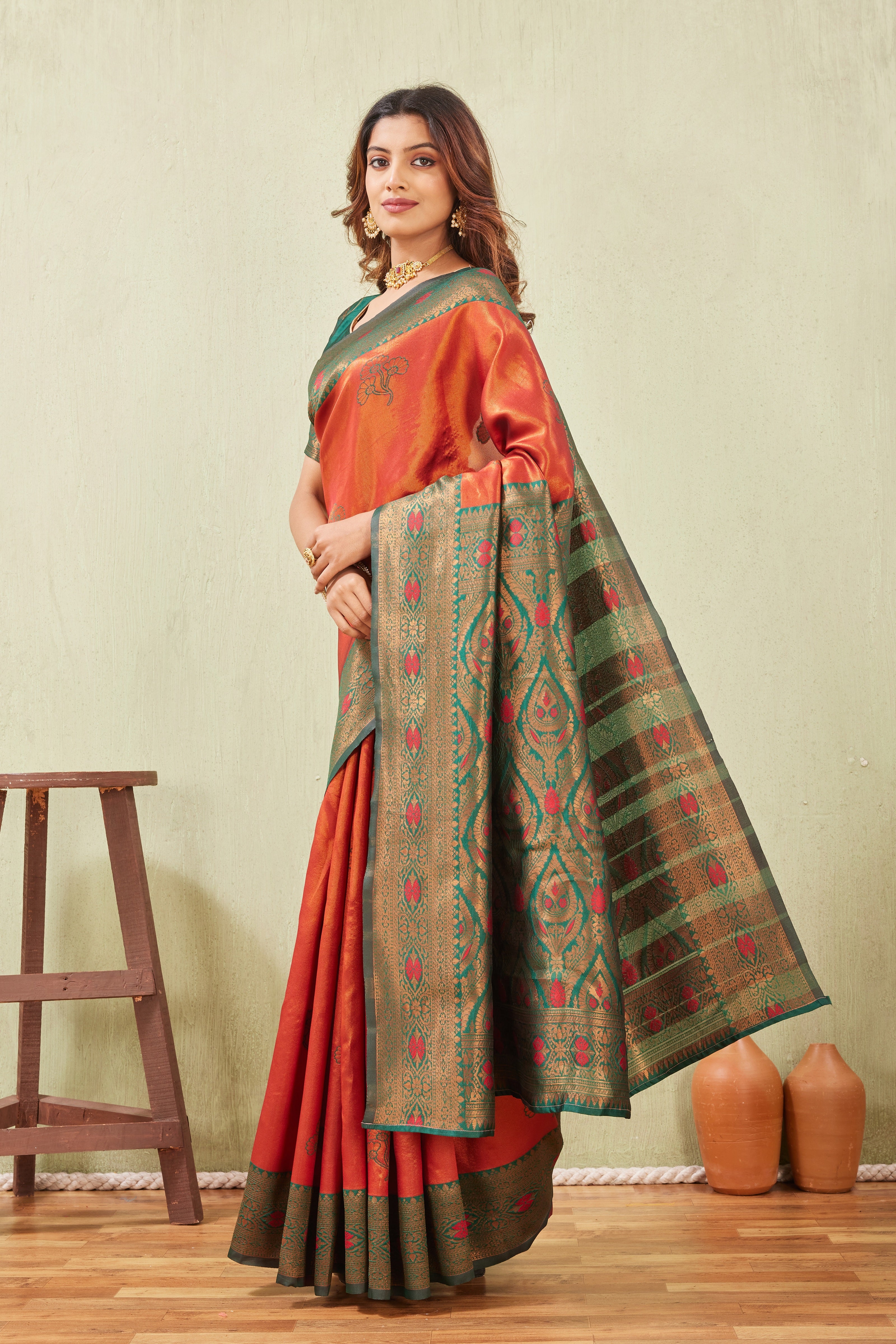 Green Orange Banarasi Silk Saree with Rich Pallu & Elegant Jacquard Jari Work