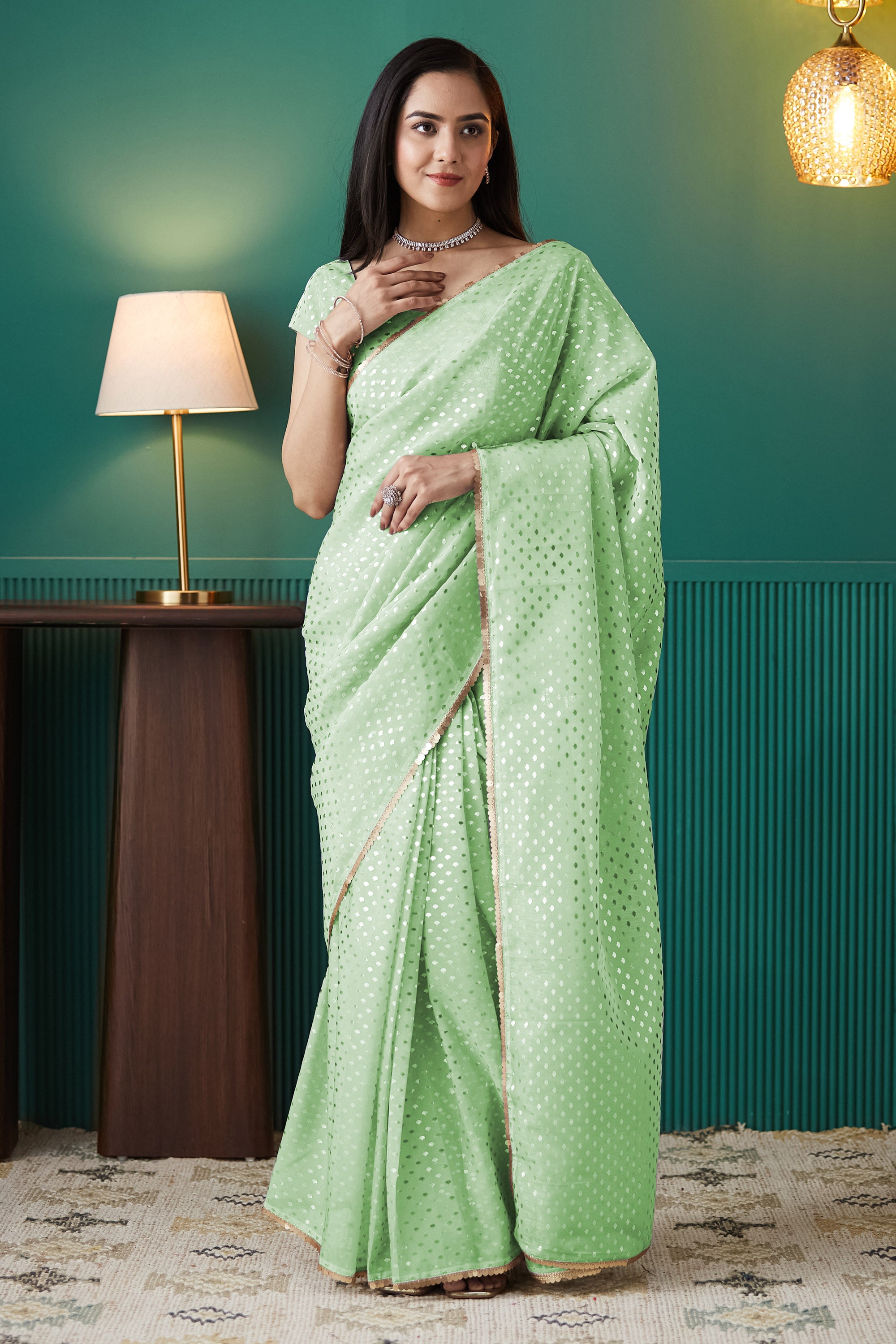 Green Organza Designer Foil Printed Ready To Wear Saree