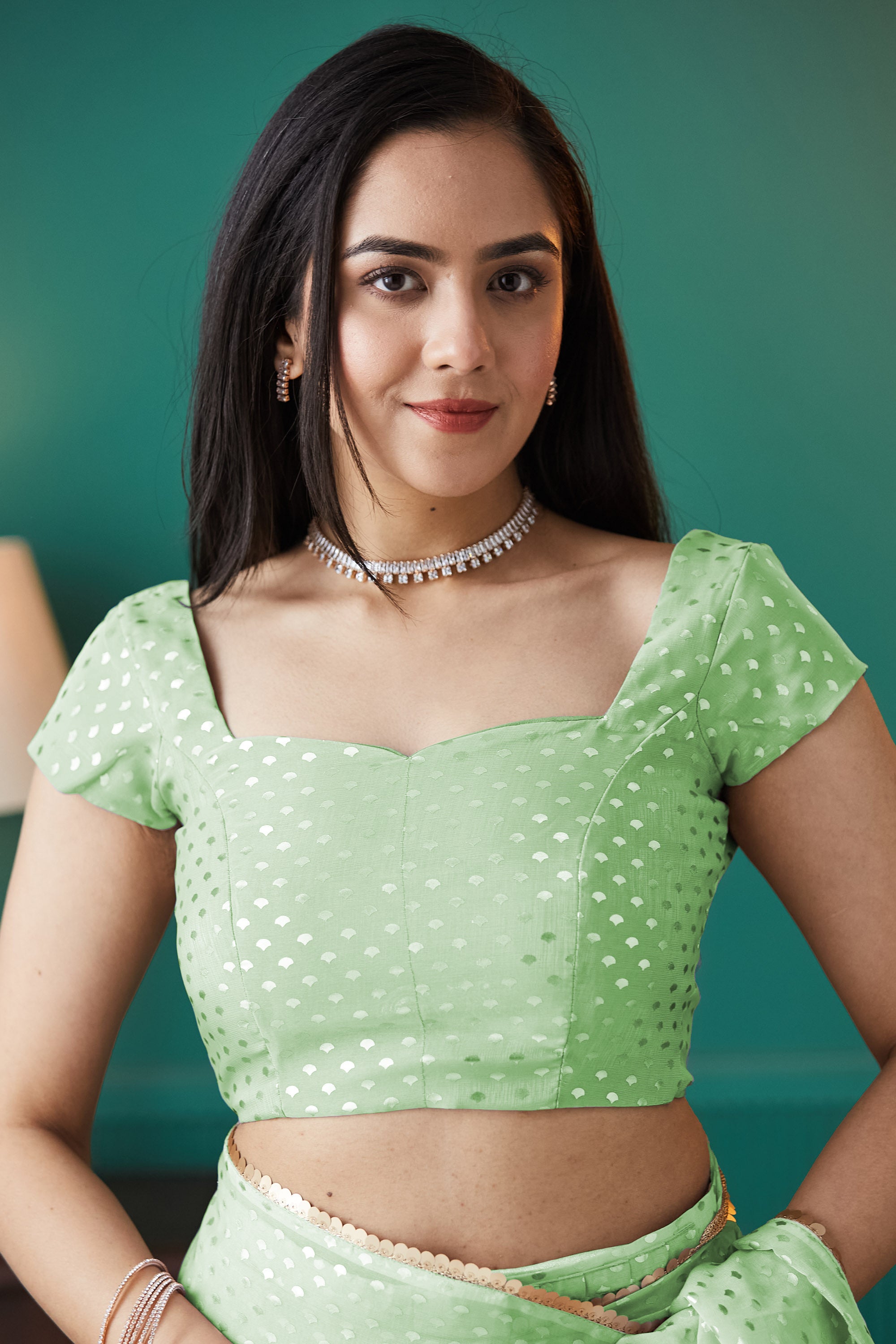 Green Organza Designer Foil Printed Ready To Wear Saree