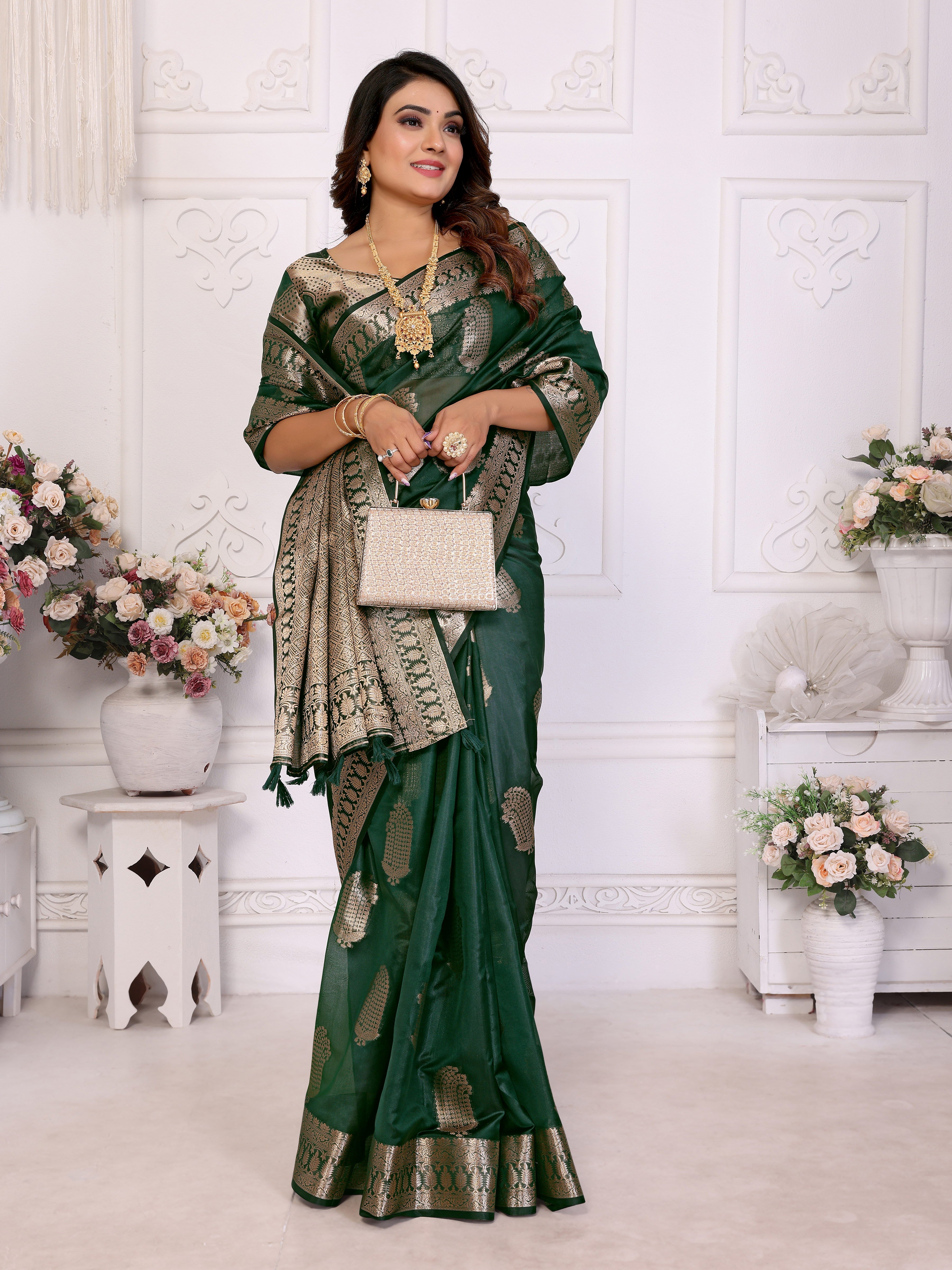 Green Organza Gold Zari Designer Beautiful Festive Saree