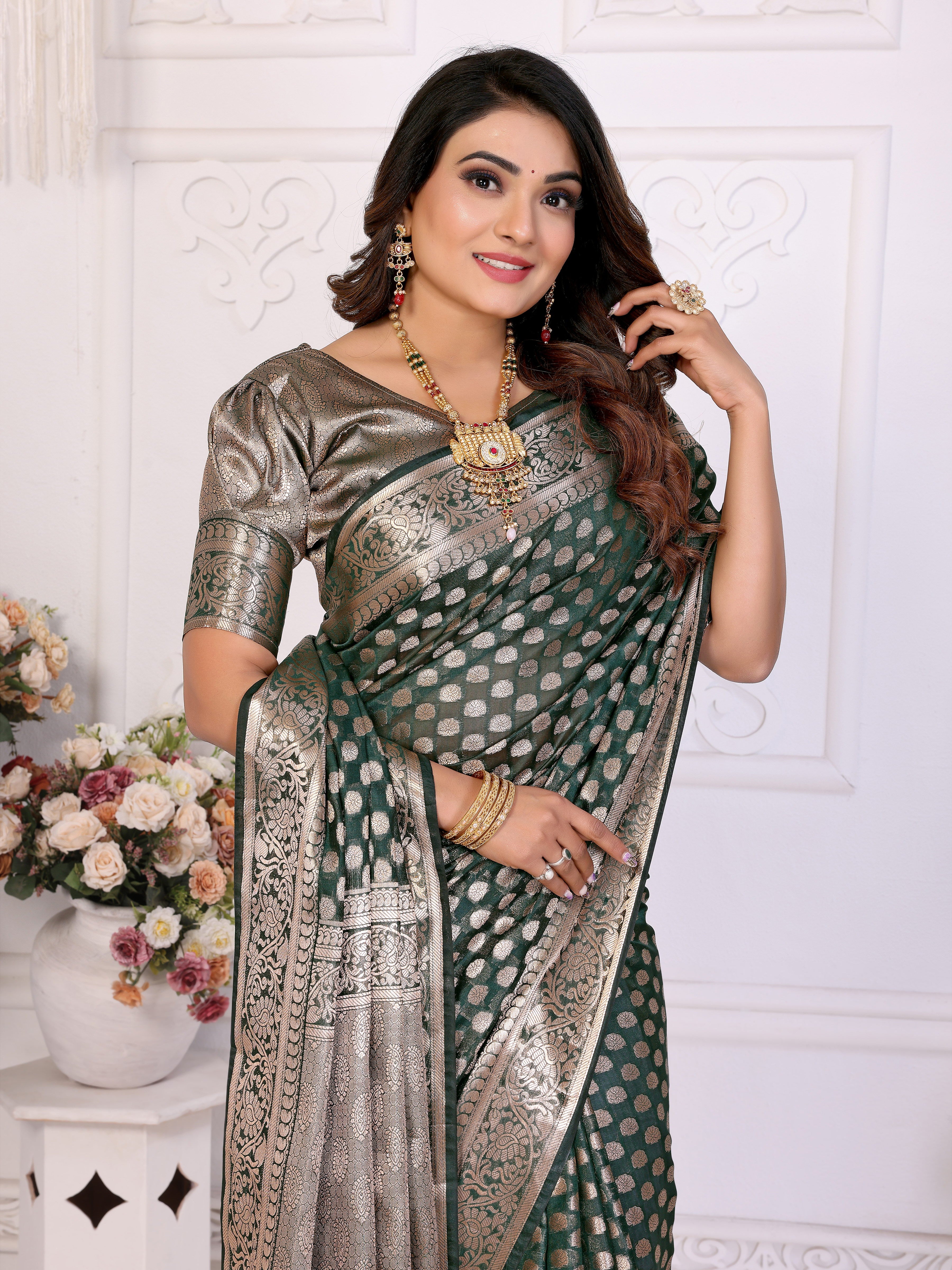 Green Organza Gold Zari Designer Ceremonial Saree