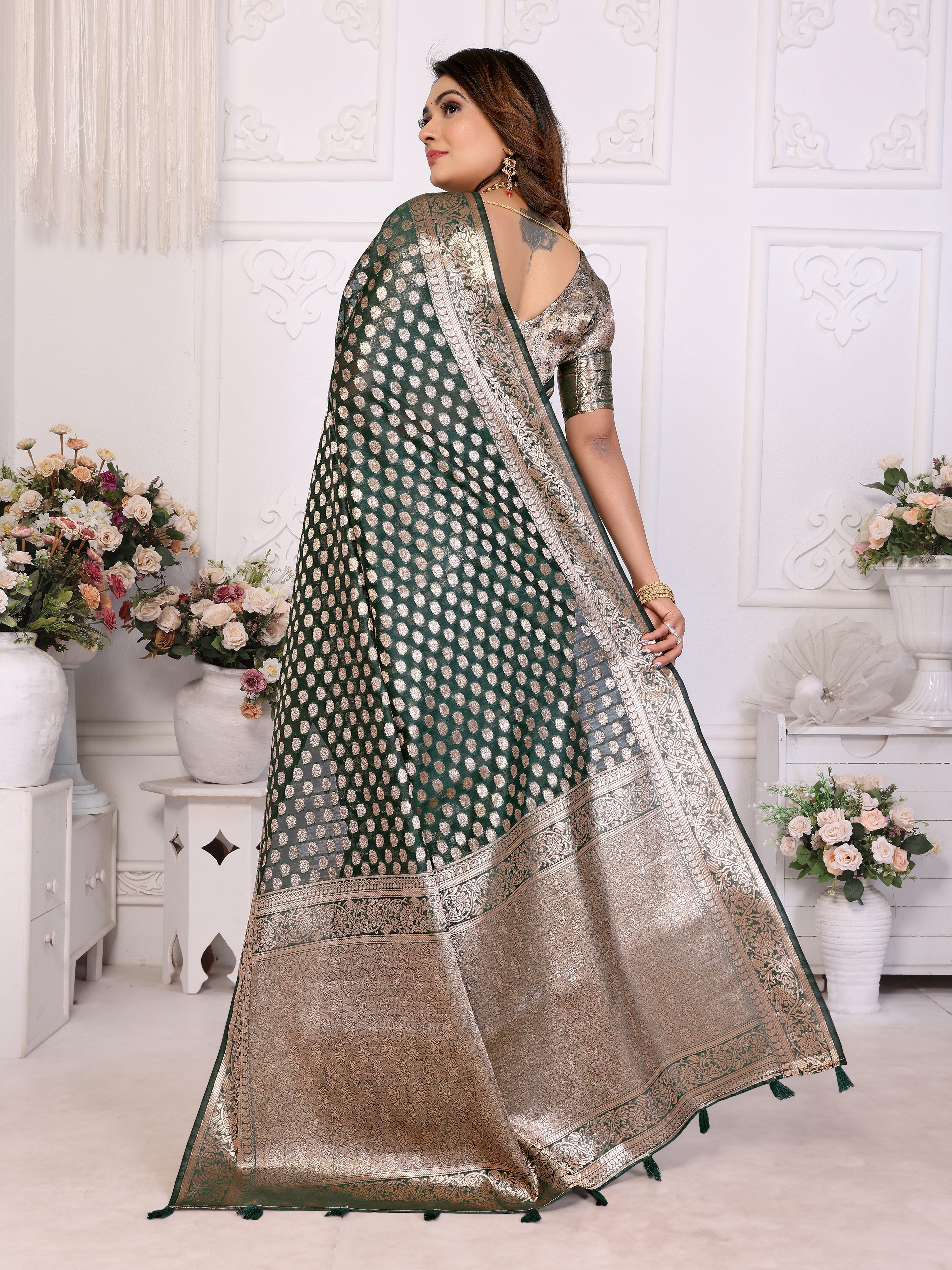 Green Organza Gold Zari Designer Ceremonial Saree