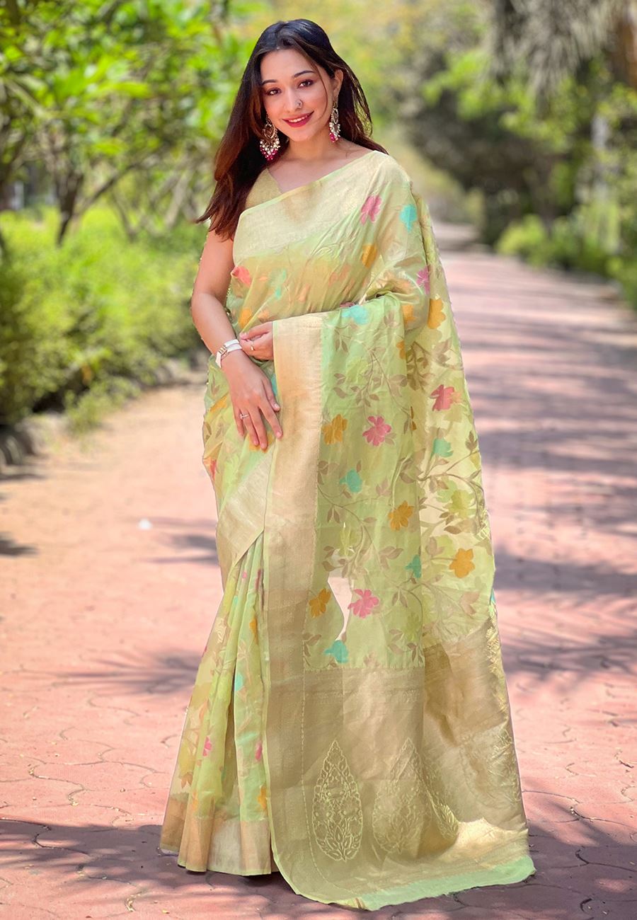 Green Organza Saree With Woven Work