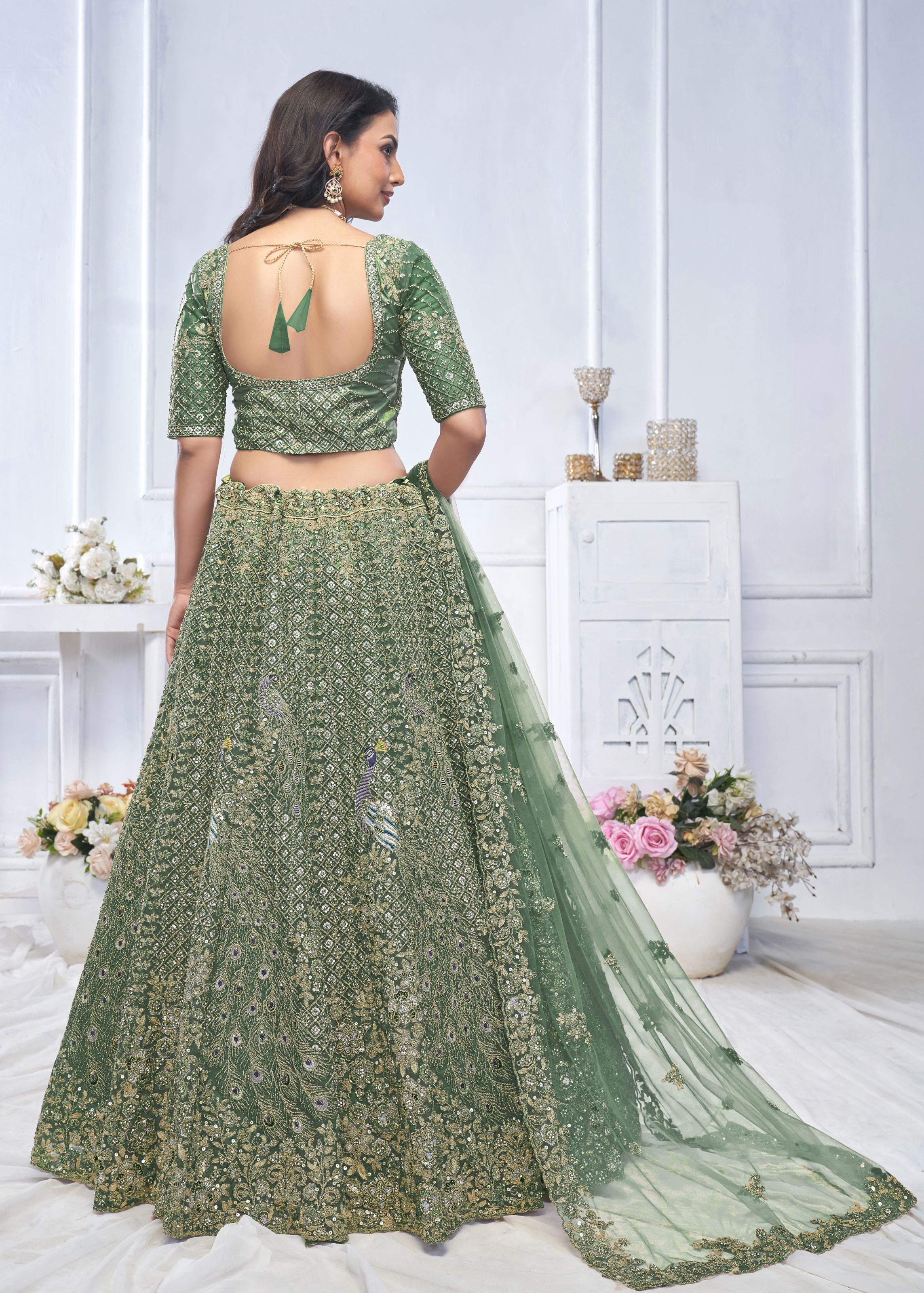 Green Organza Silk Intricate Paisley Motifs Traditional Embroidered Wedding Lehenga Choli With Soft Net Dupatta