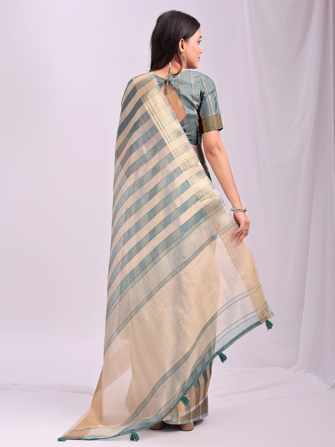 Green Organza Woven Patta Designer Trendy Ethnic Saree