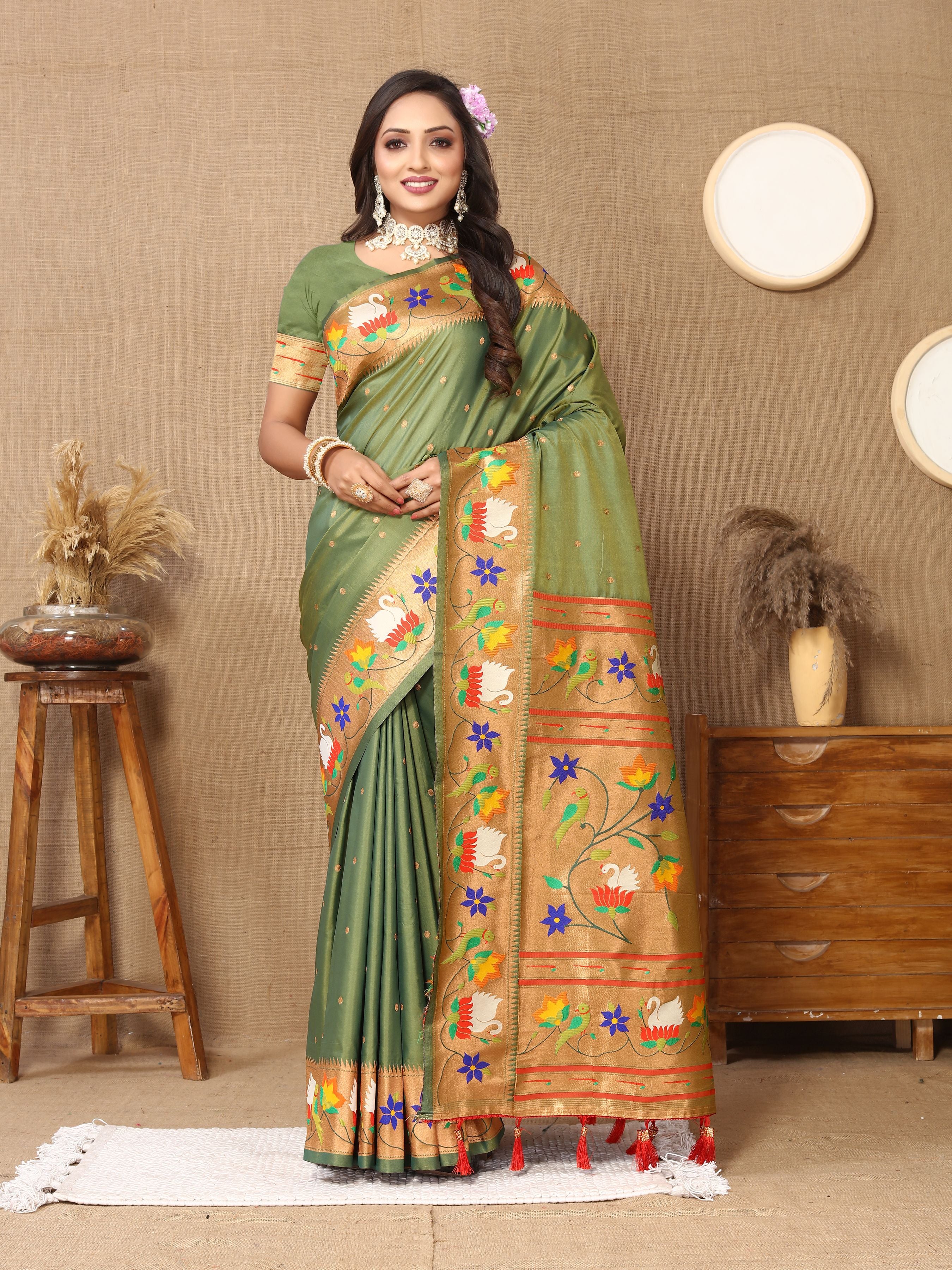 Green Paithani Silk Woven Meenakari Paithani Designer Saree
