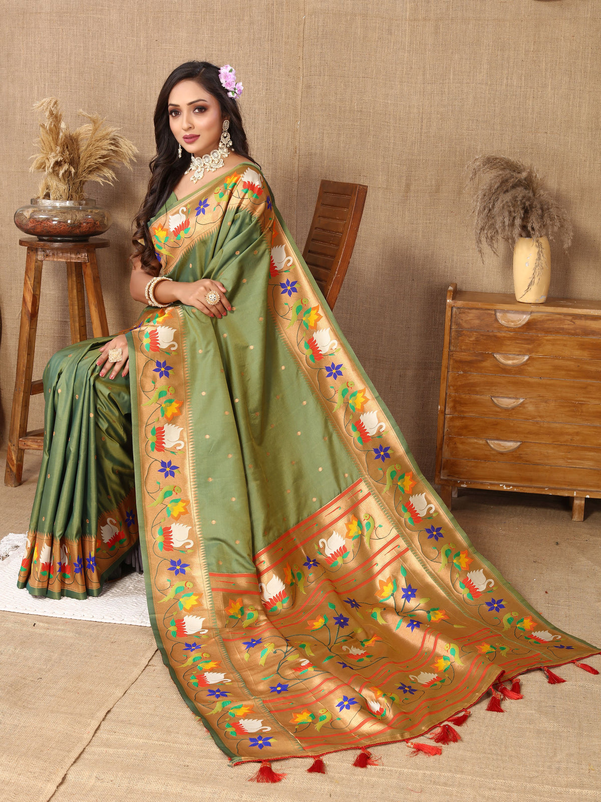 Green Paithani Silk Woven Meenakari Paithani Designer Saree