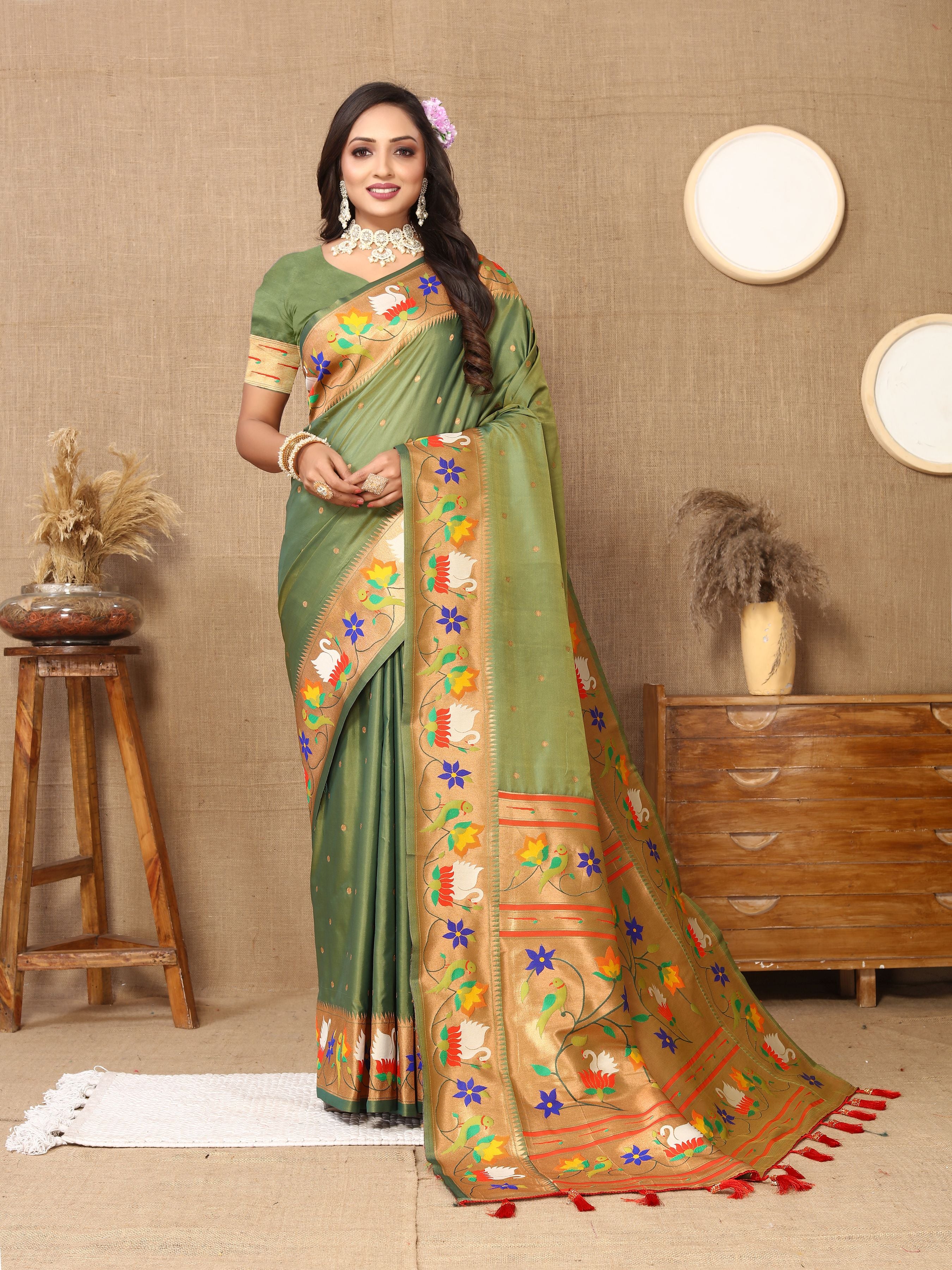 Green Paithani Silk Woven Meenakari Paithani Designer Saree