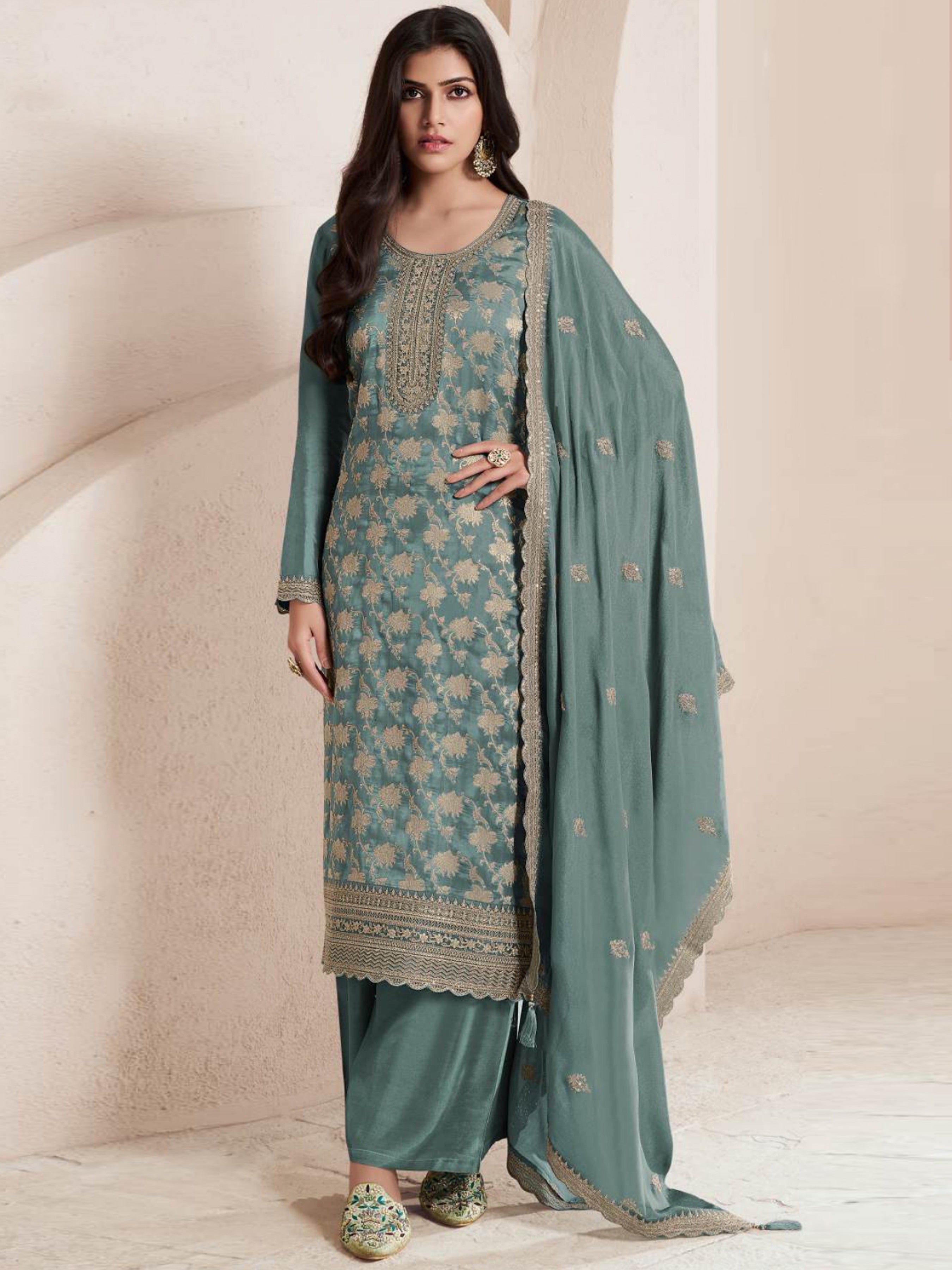 Green Pakistani Salwar Suit With Heavy Embroidery Work