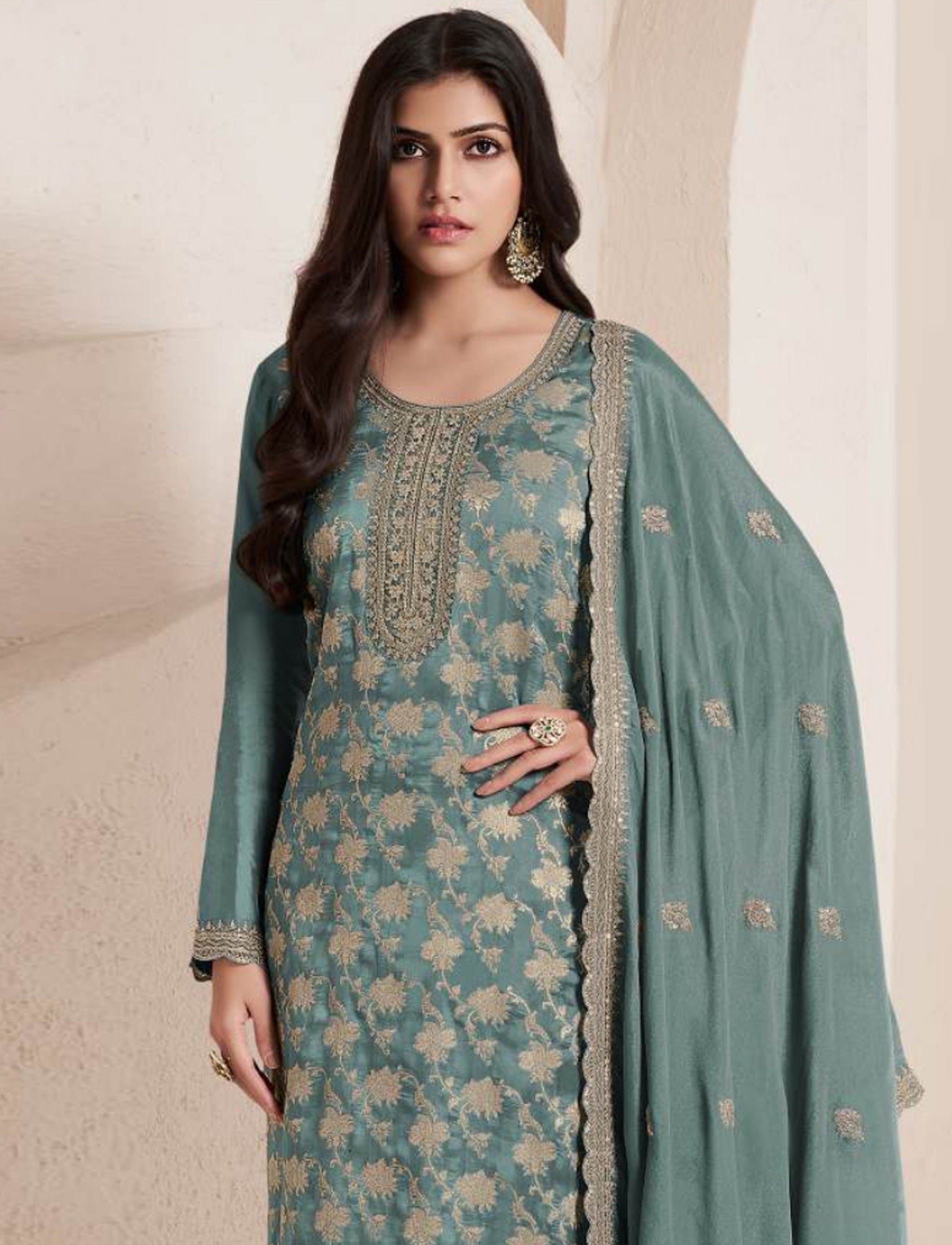 Green Pakistani Salwar Suit With Heavy Embroidery Work