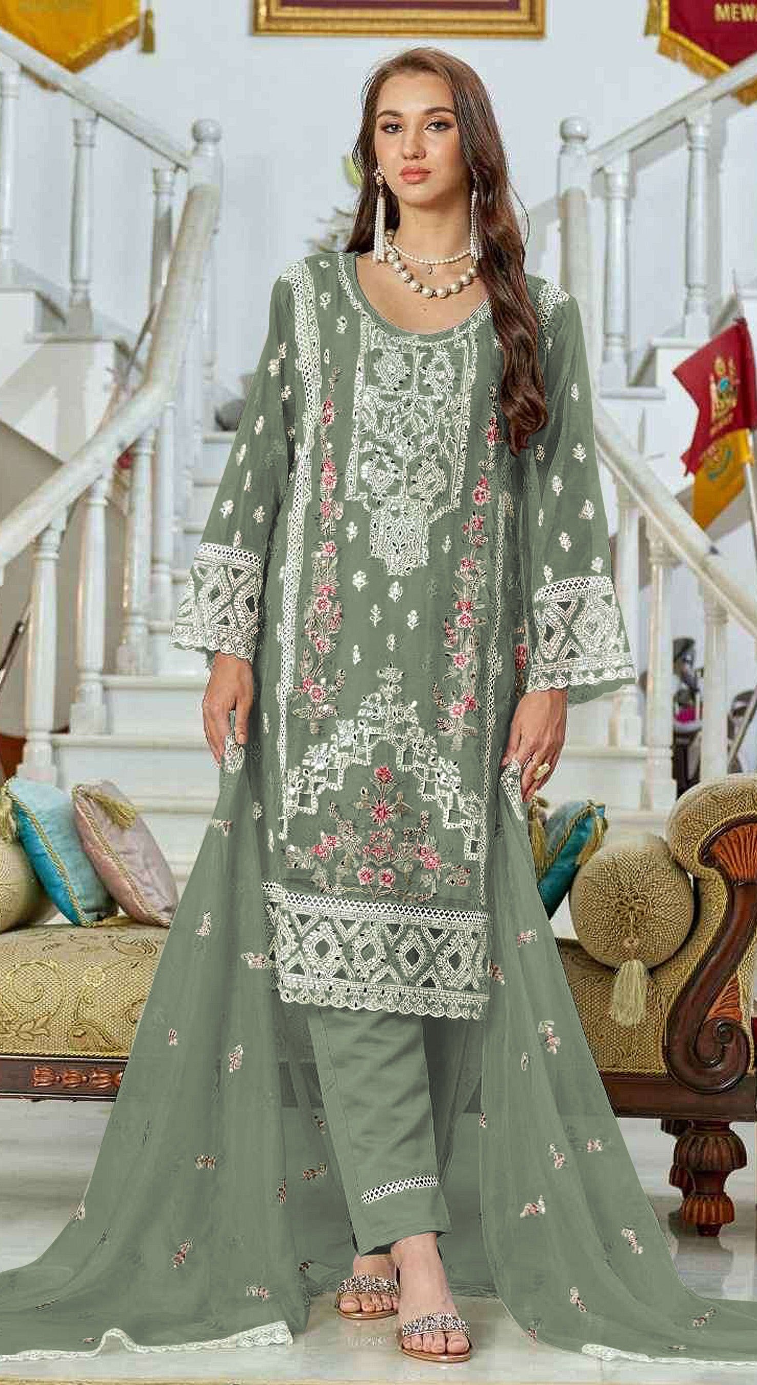 Green Pakistani Salwar Suit With Heavy Embroidery Work