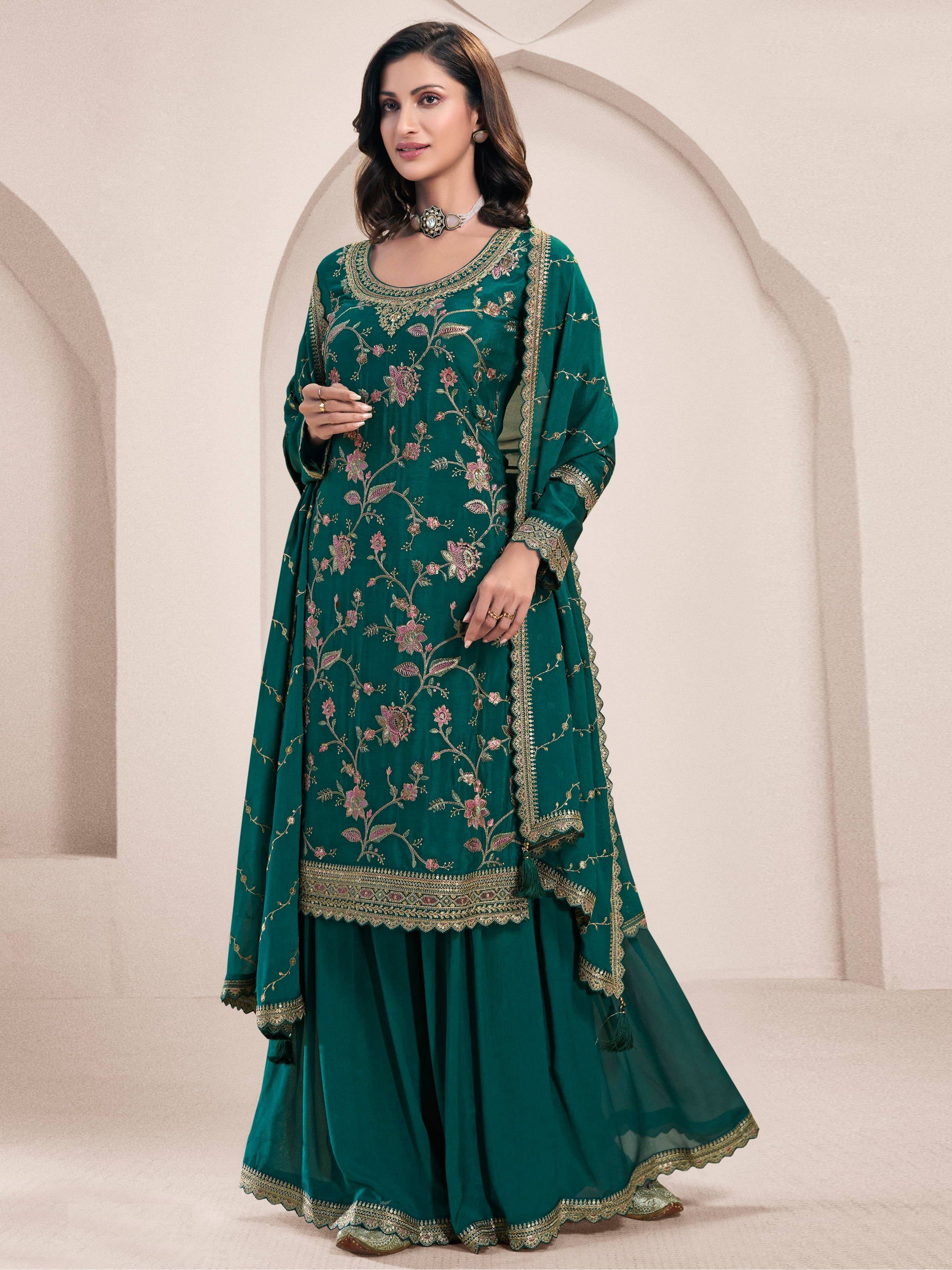Green Palazzo Style Salwar Suit With Heavy Embroidery Work