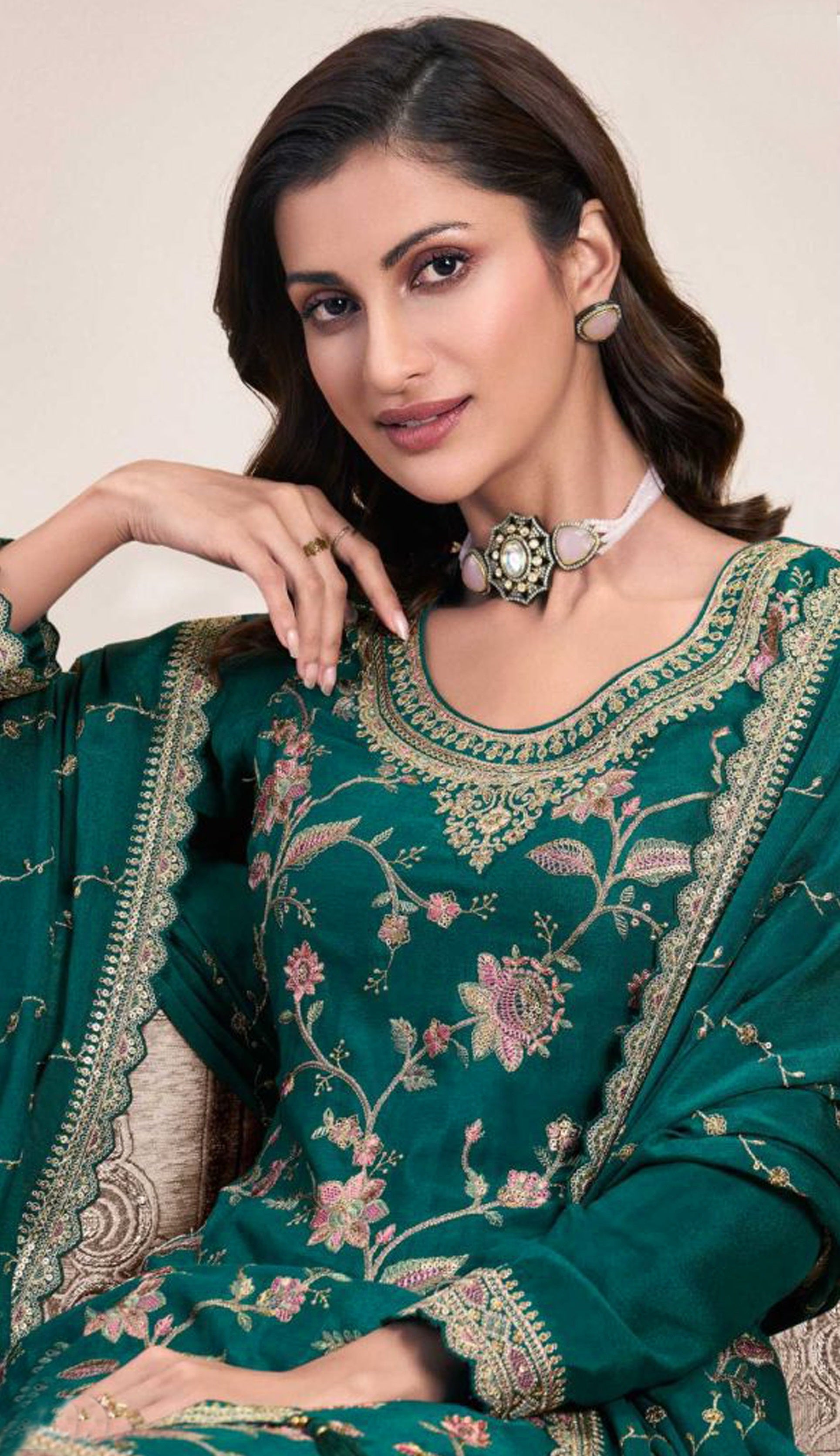 Green Palazzo Style Salwar Suit With Heavy Embroidery Work