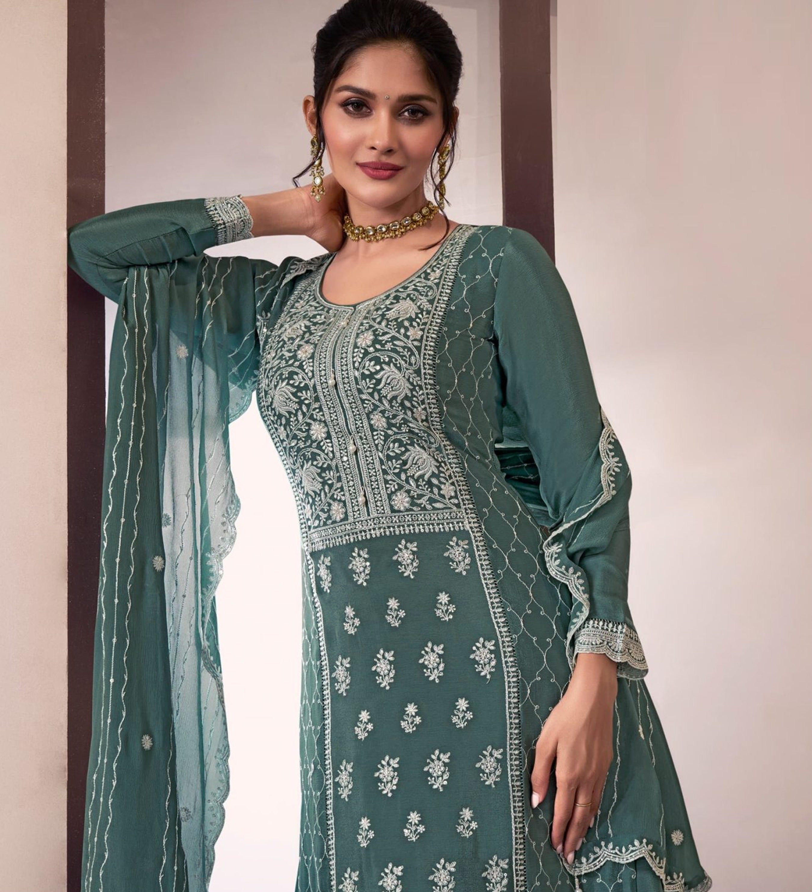 Green Palazzo Style Salwar Suit With Heavy Embroidery Work
