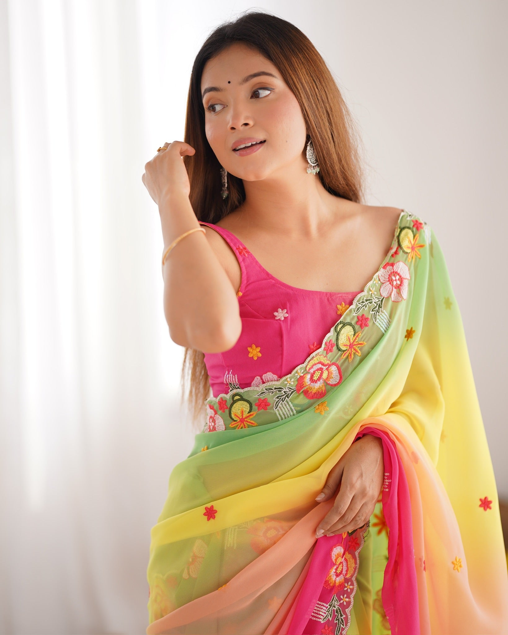 Green Pedding With Embroidery Work Bollywood Style Georgette Saree