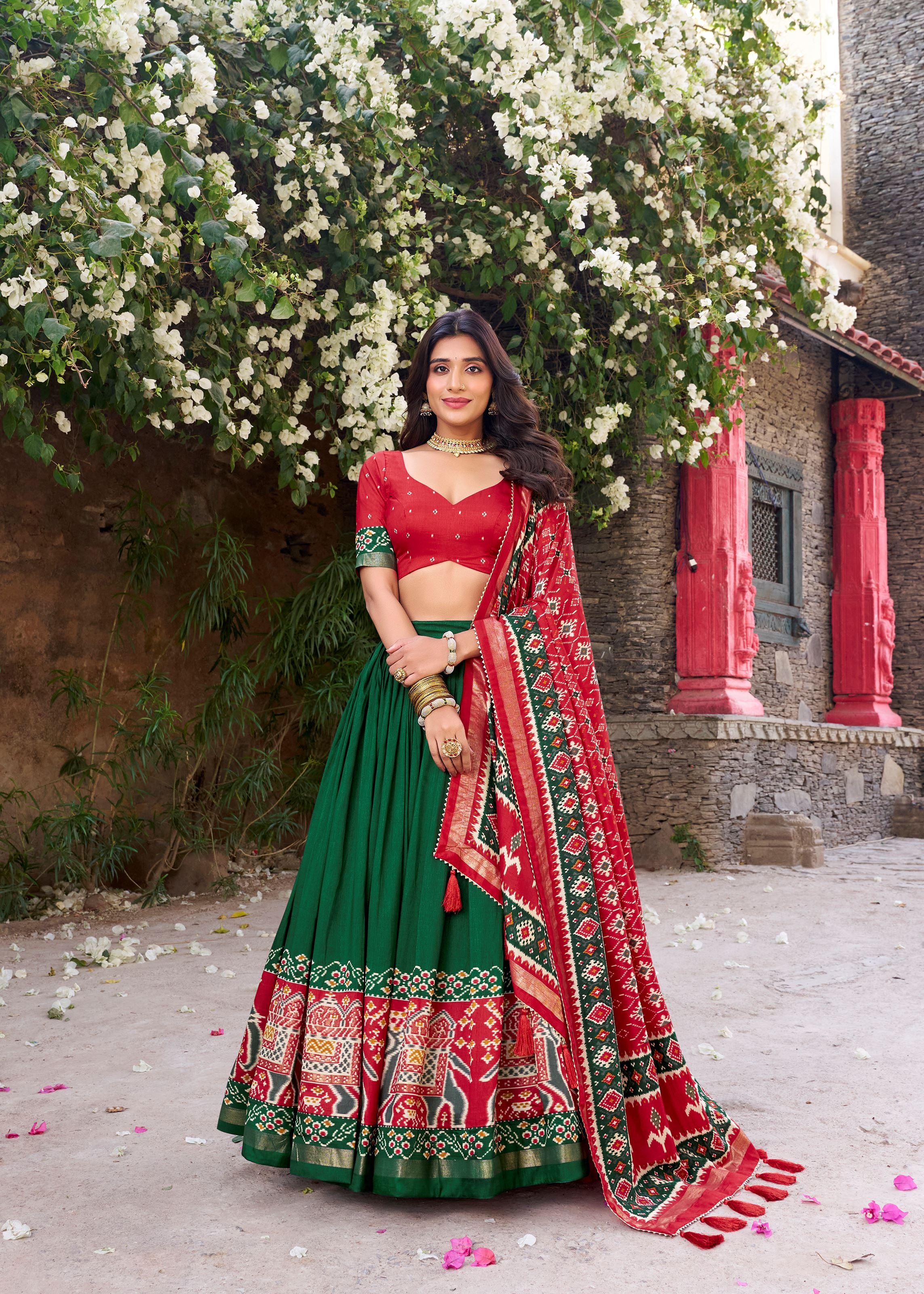 Green Perfection Patola Printed Tussar Silk Lehenga with Foil Highlights