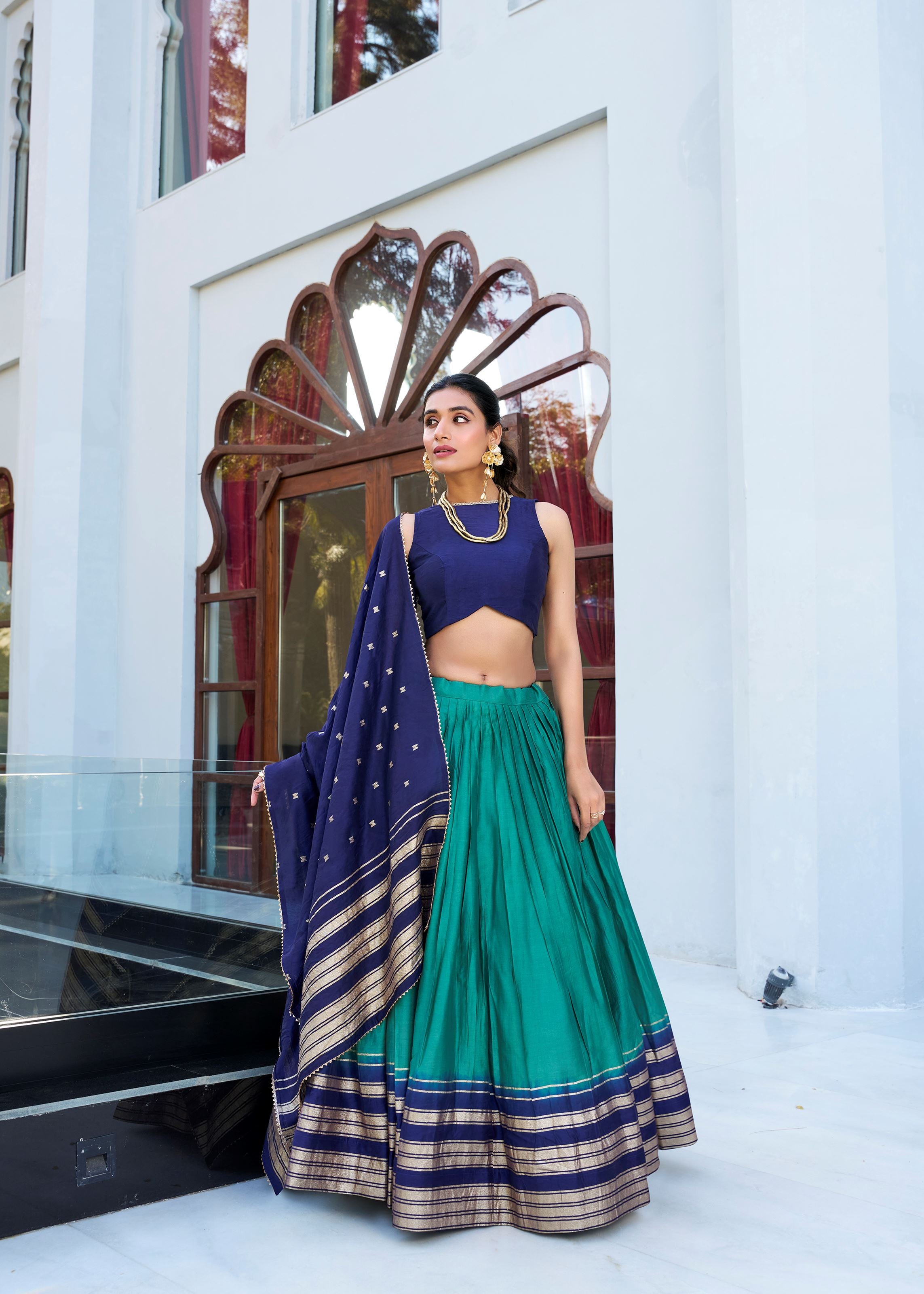 Green Pure Chanderi Lehenga in Firozi Green with Zari Charm