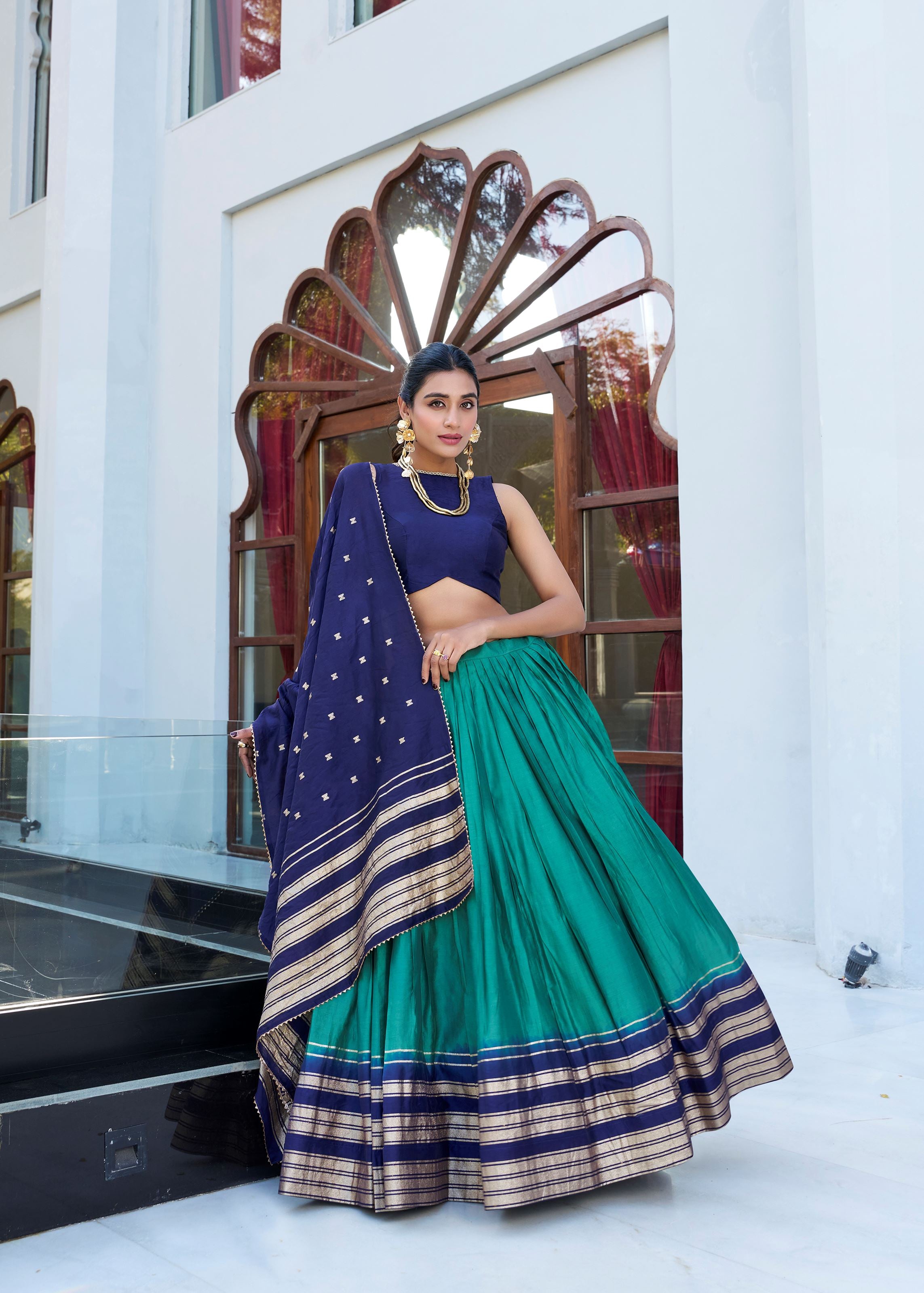 Green Pure Chanderi Lehenga in Firozi Green with Zari Charm