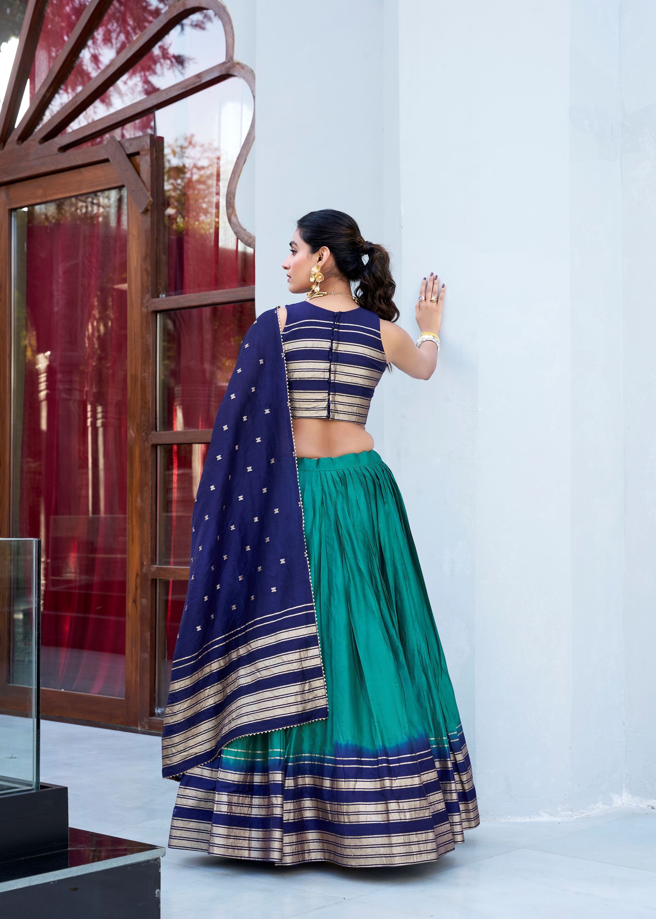 Green Pure Chanderi Lehenga in Firozi Green with Zari Charm