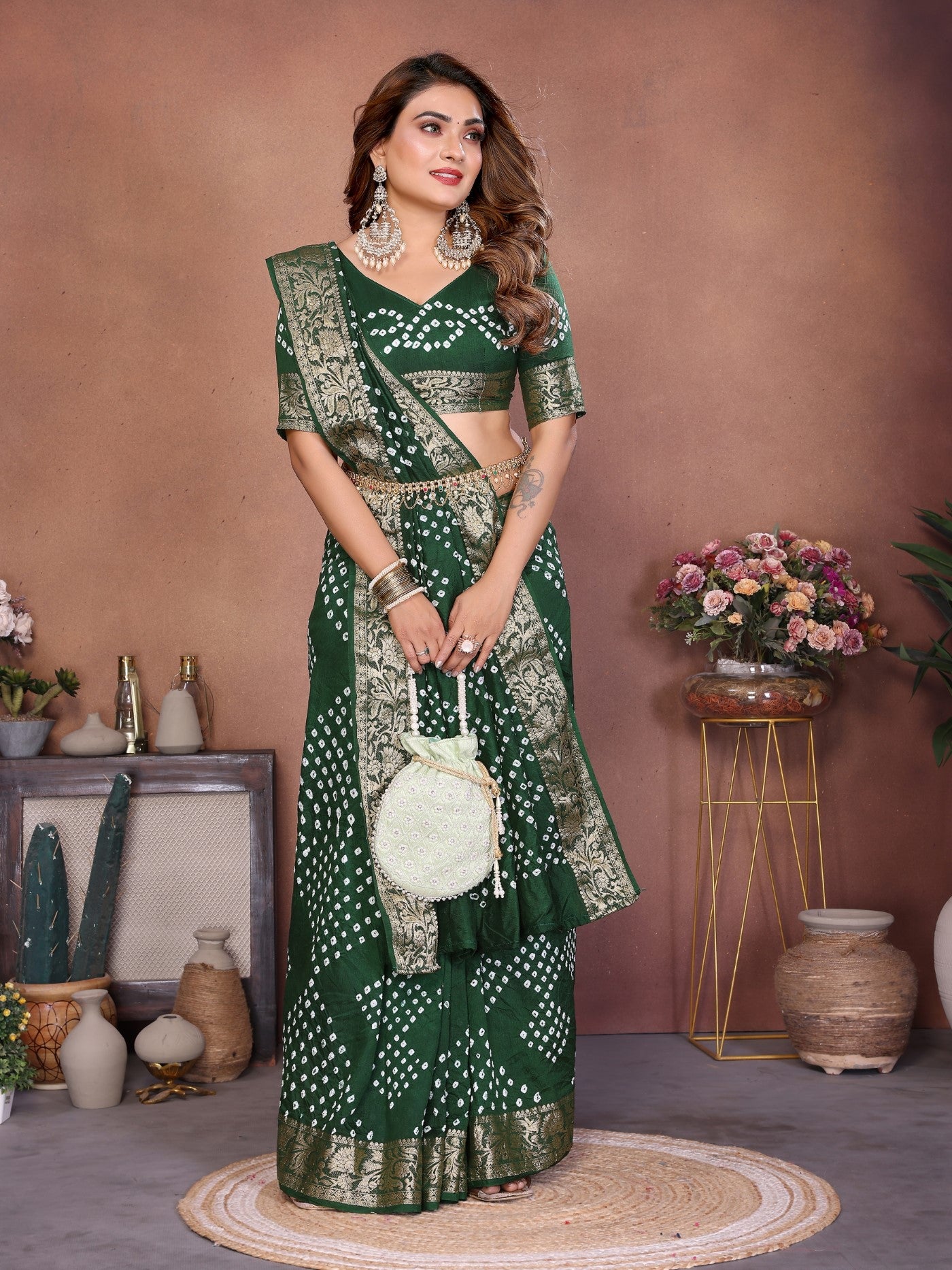 Green Pure Dola Silk Saree With Handmade Original Bandhej