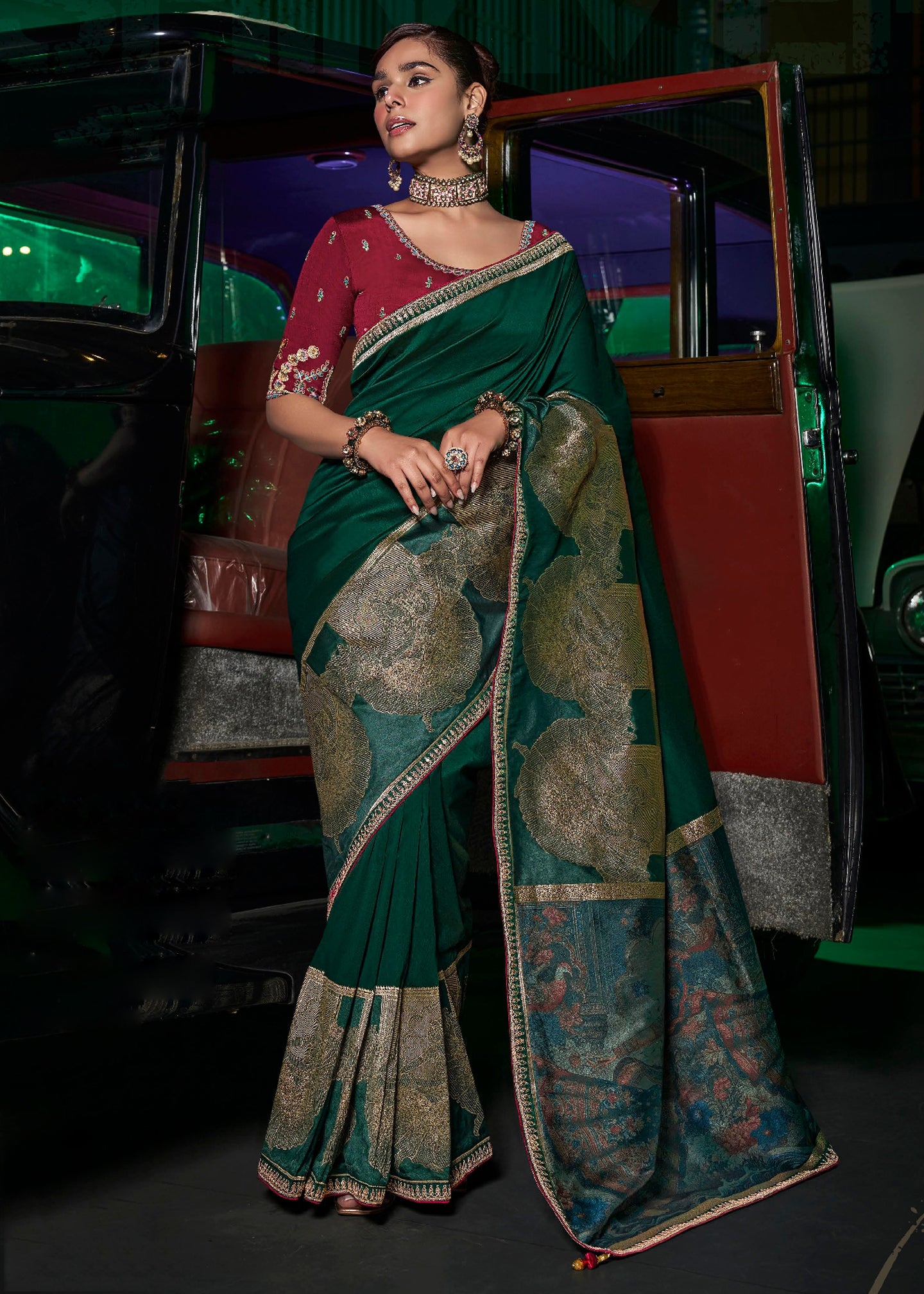 Green Pure Silk Saree with Weaved Pallu and Embroidered Blouse