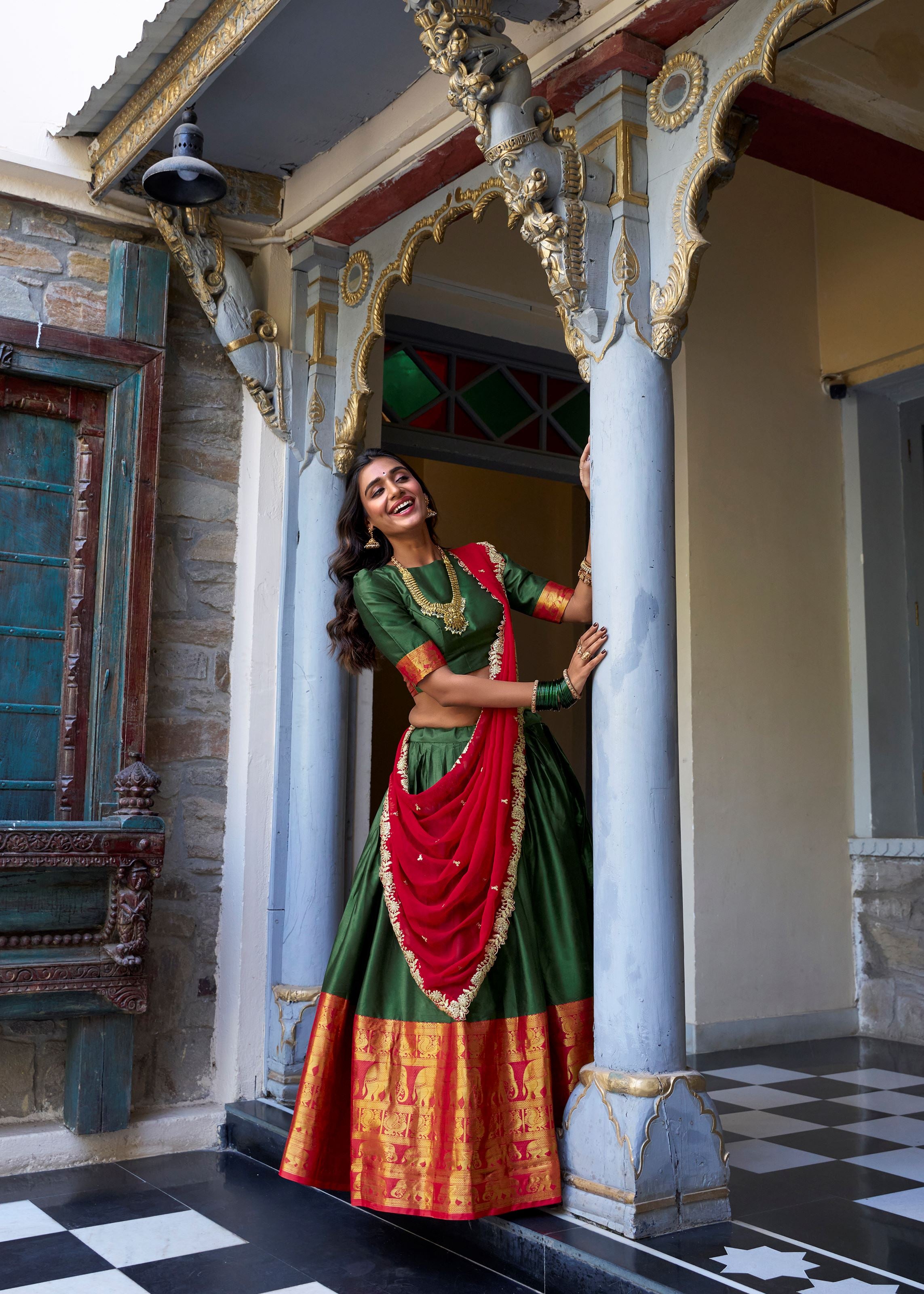 Green Radiance Narayan Pattu Lehenga Embellished With Exquisite Zari Weaves