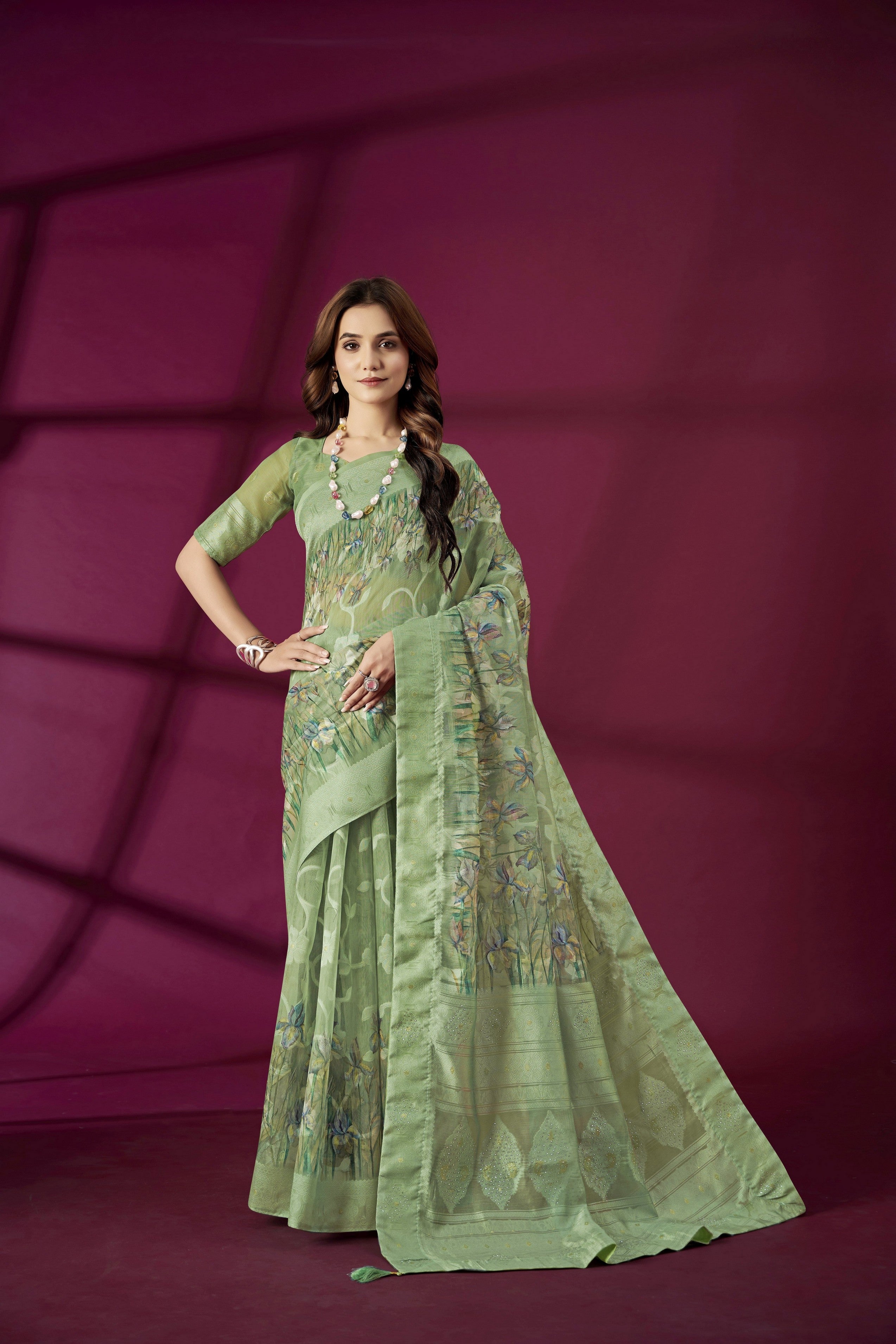 Green Rich Silk Jacquard Designer Saree With Smart Ethnic Printed
