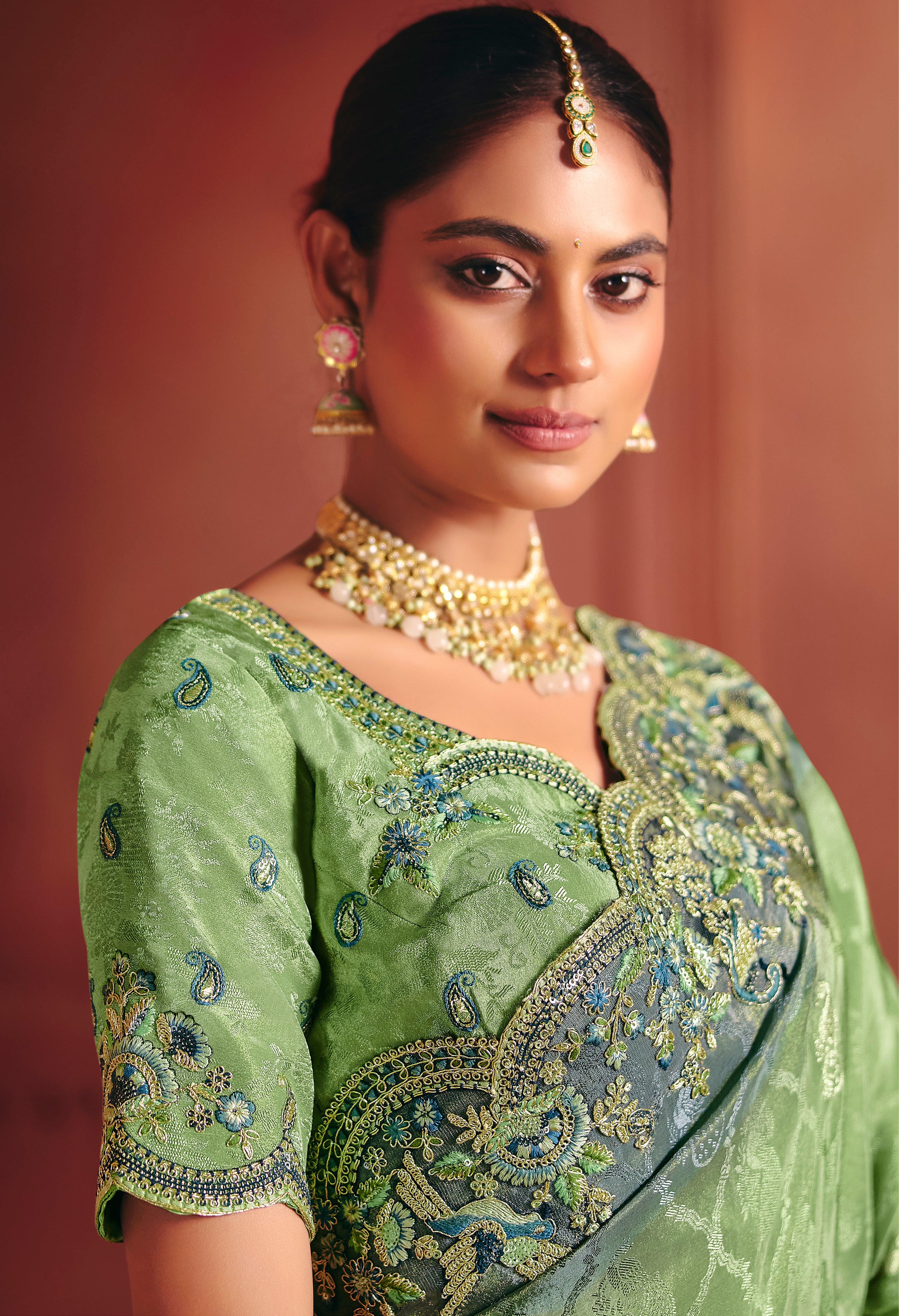 Green Saree With Heavy Embroidery, Sequin, Thread Work With Heavy Embroidery Work Blouse