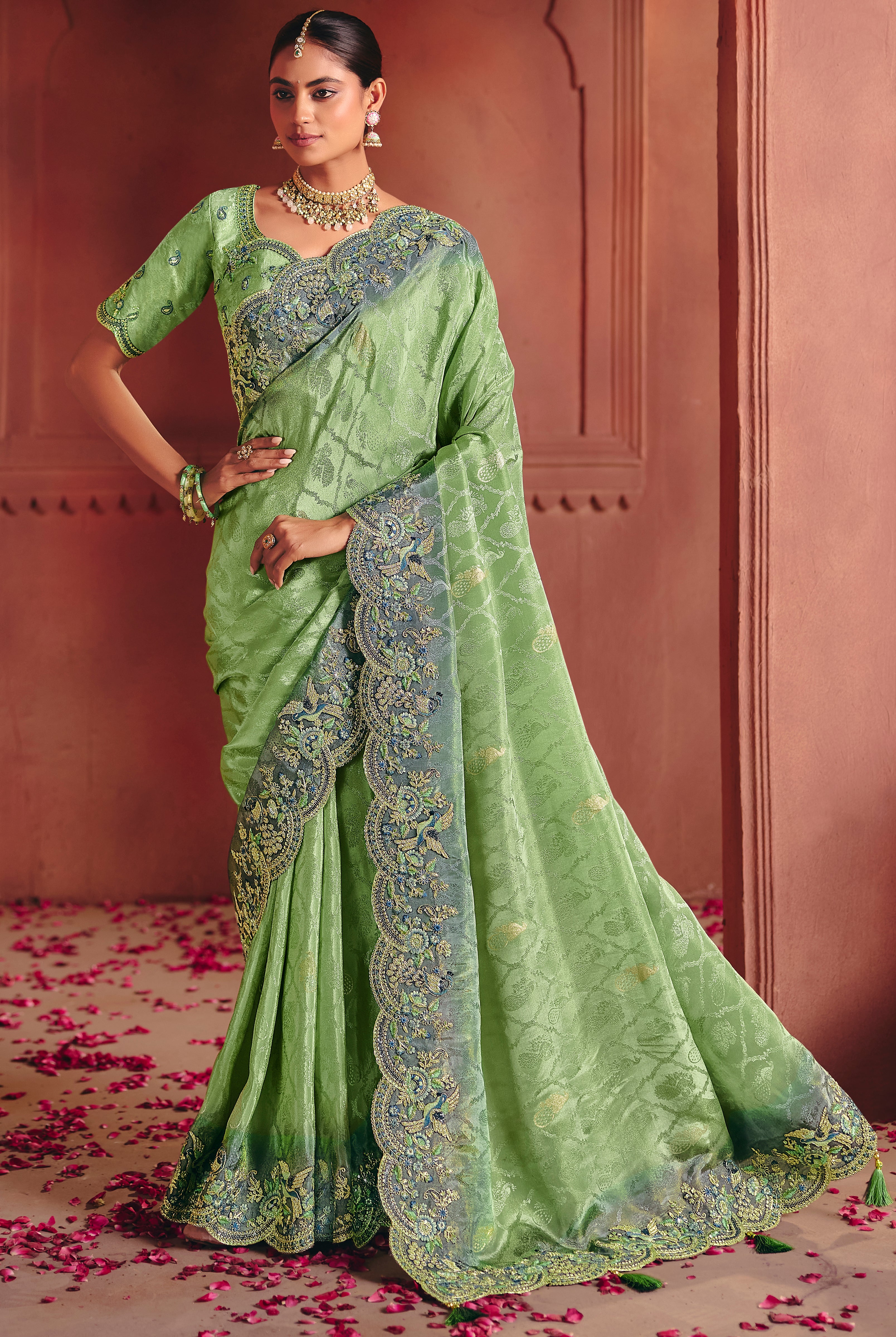 Green Saree With Heavy Embroidery, Sequin, Thread Work With Heavy Embroidery Work Blouse
