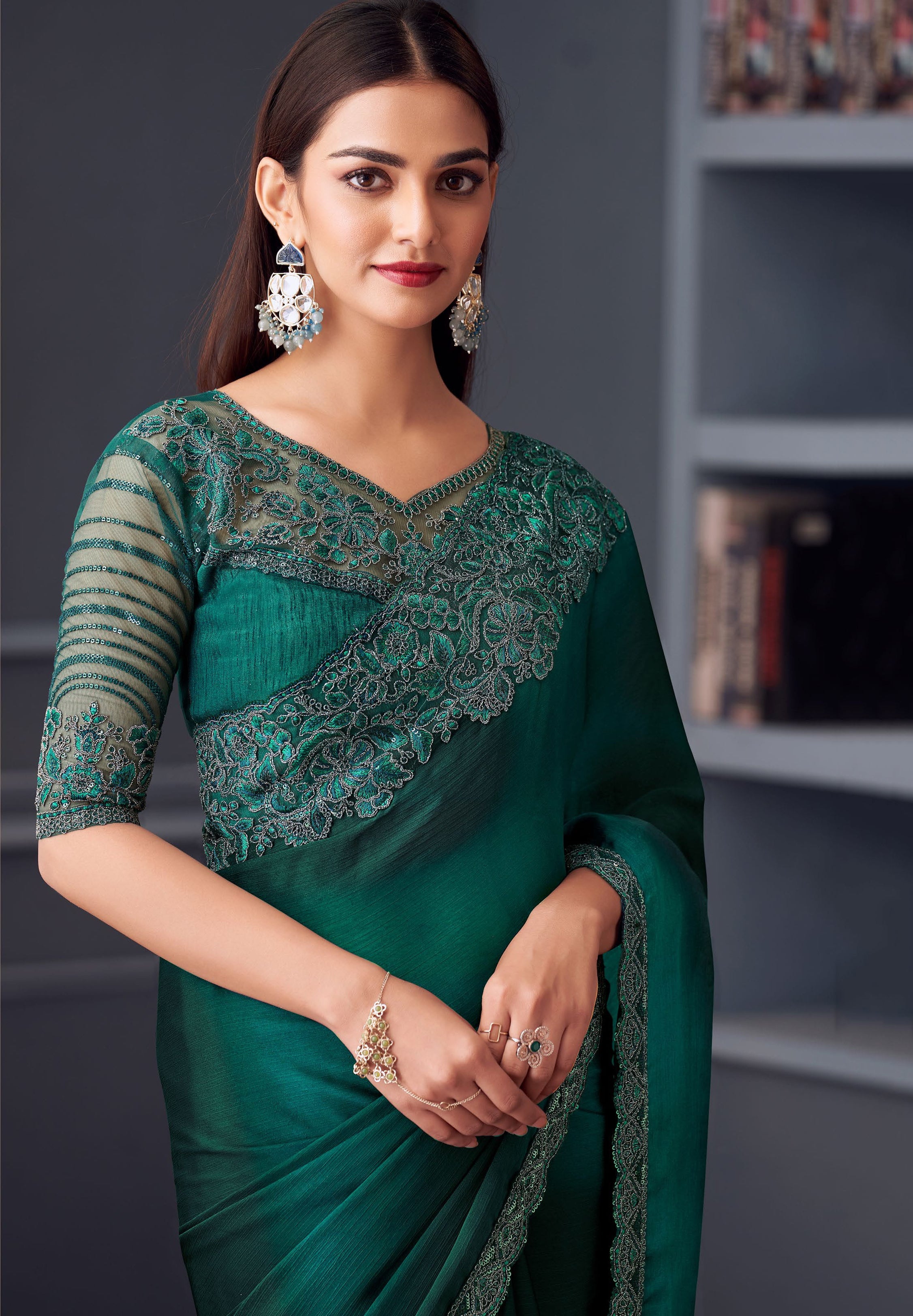 Green Saree With Heavy Thread Embroidery Sequins Work