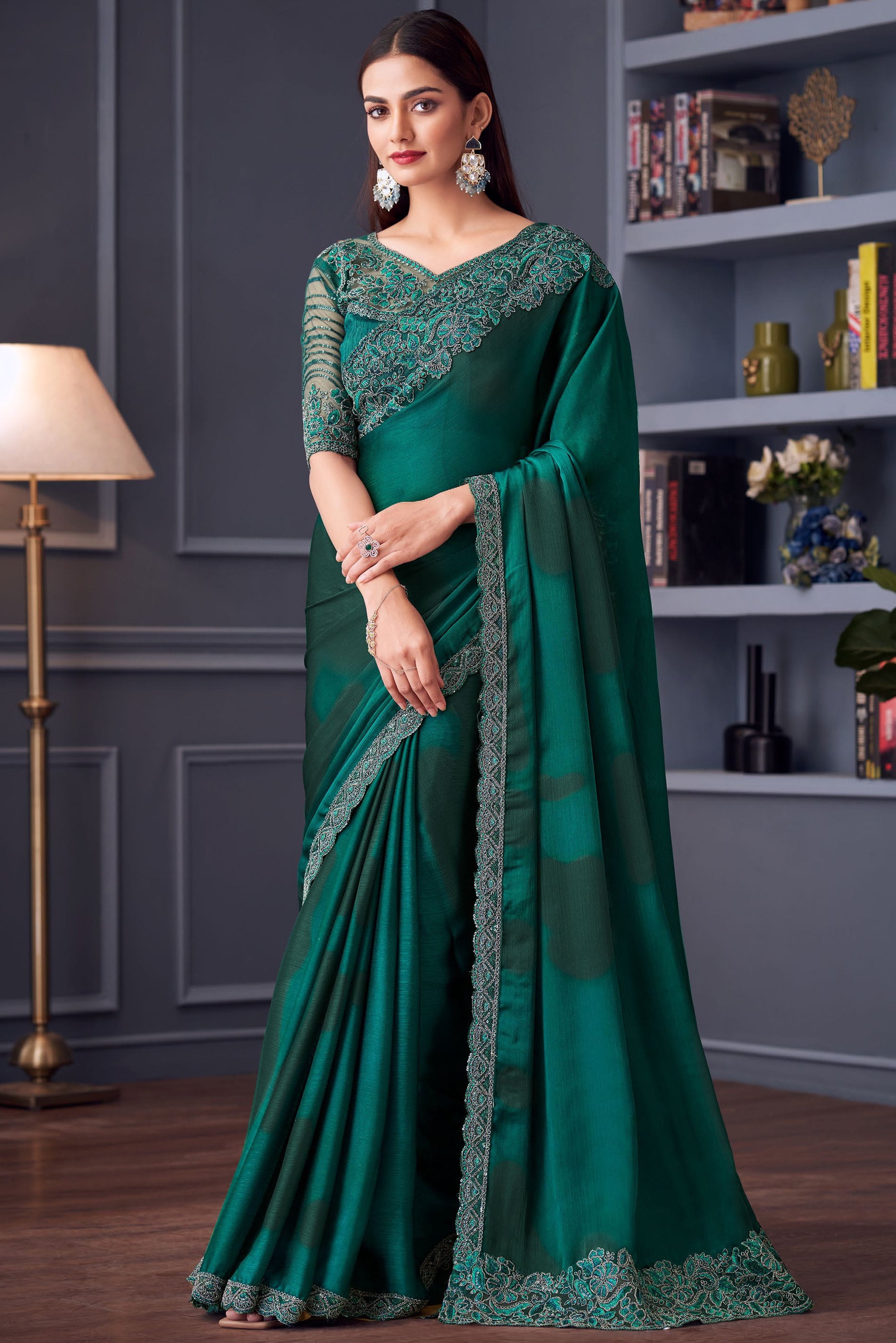Green Saree With Heavy Thread Embroidery Sequins Work