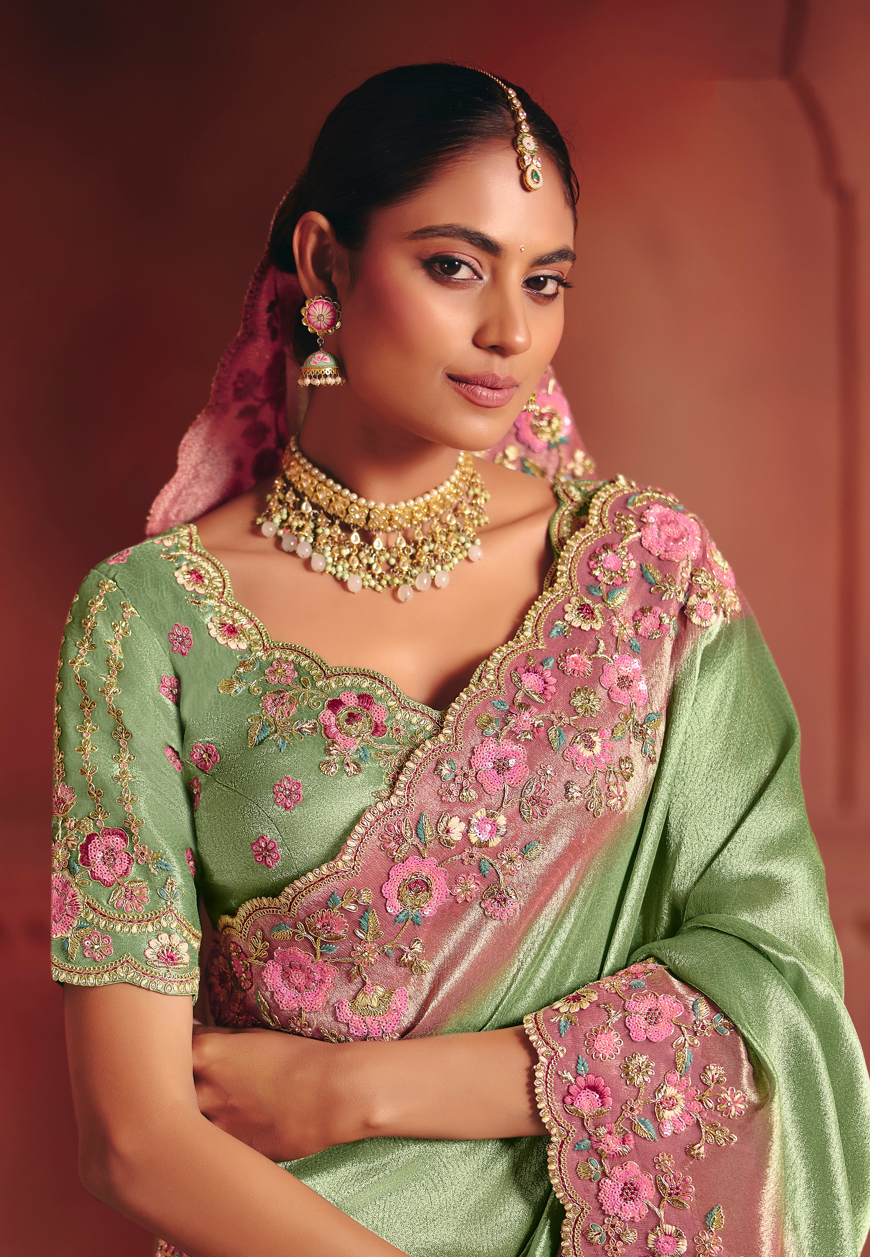Green Saree With Sequin, Thread, Weaving Heavy Embroidery Work With Heavy Embroidery Work Blouse