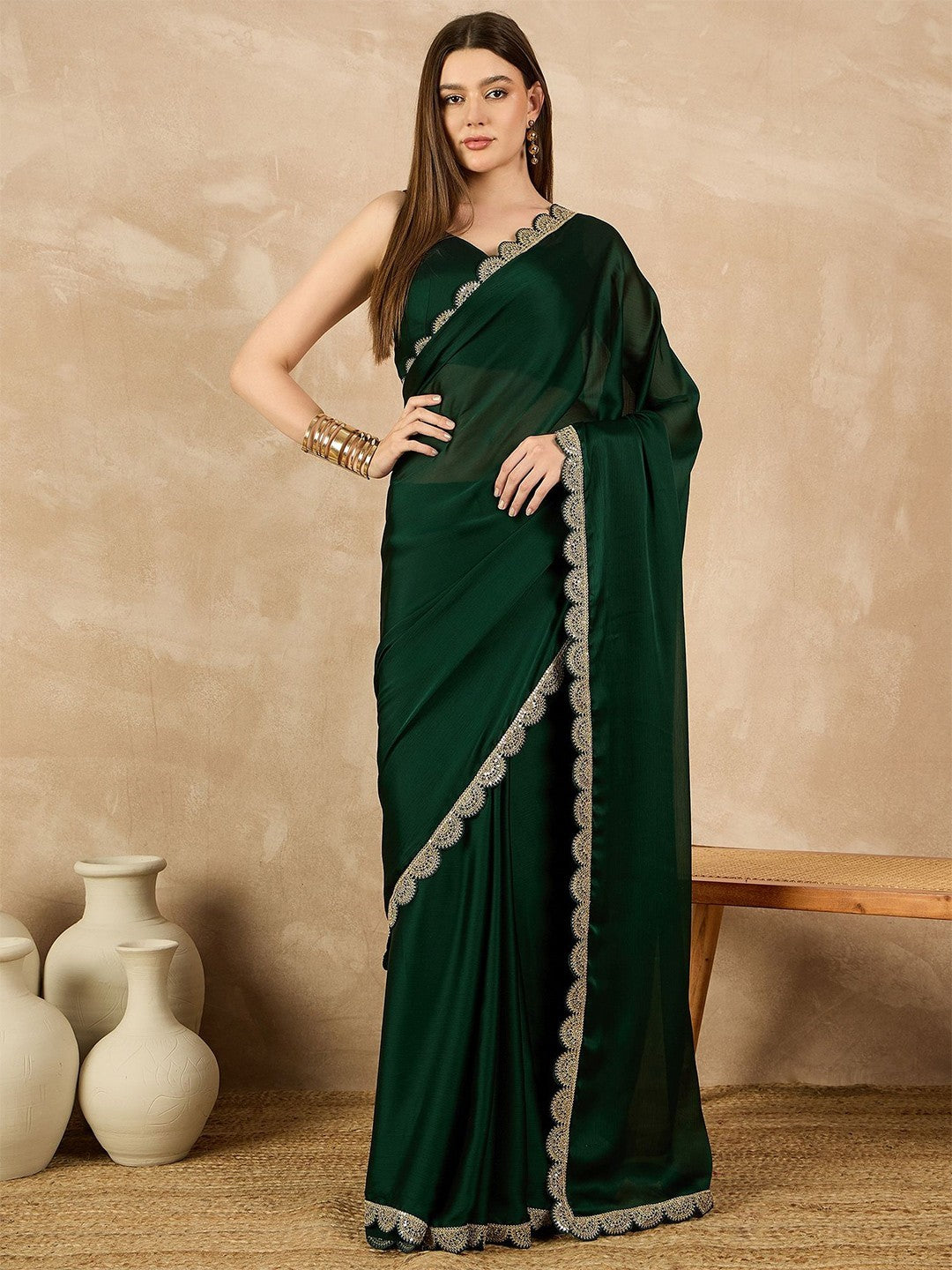 Green Satin Chiffon Saree With Plain Saree With Embroidery Cut Work Lace