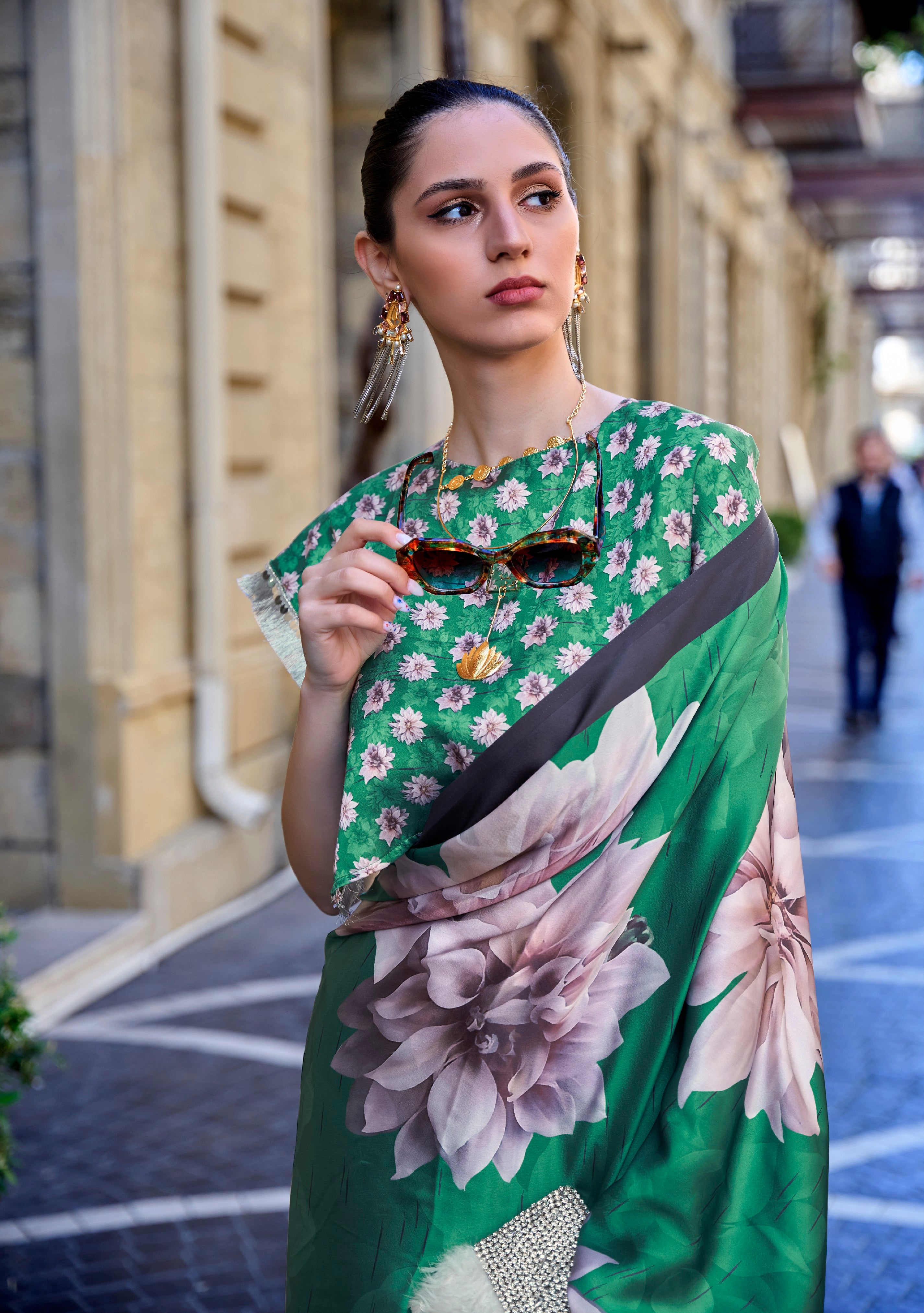 Green Satin Crape Saree With Digital Print
