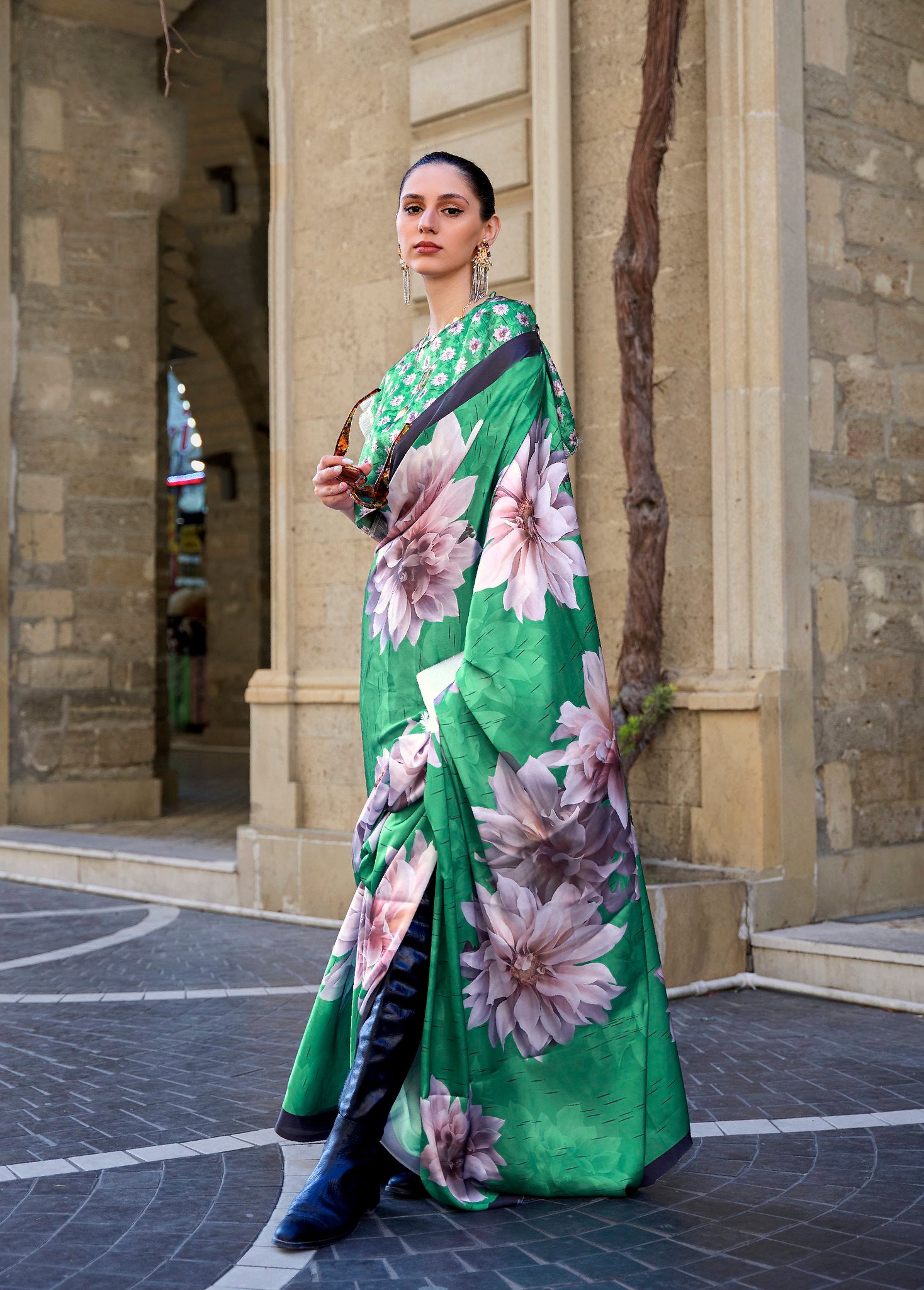 Green Satin Crape Saree With Digital Print