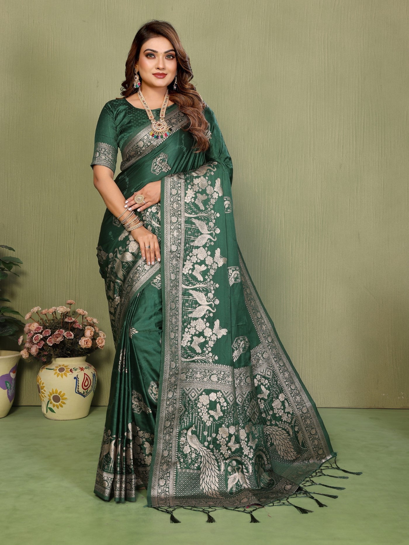 Green Satin Silk Saree With Premium Zari Weaving Butta