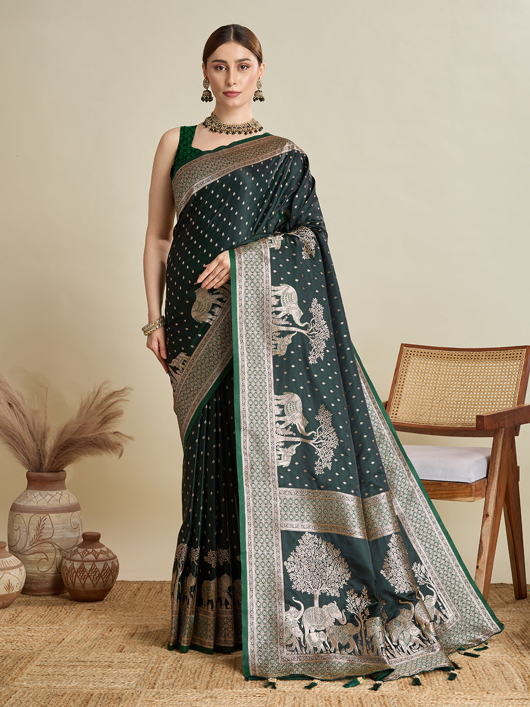 Green Satin Silk Woven Designer Partywear Saree